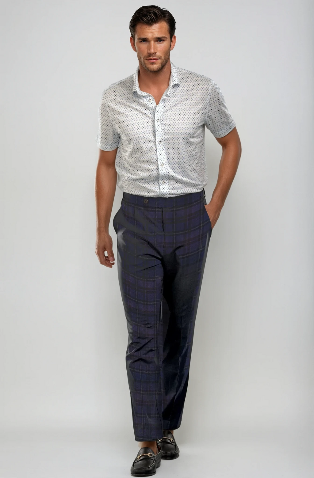 Buki Pleated Wool Trouser Pants - Navy Plaid — main product shot