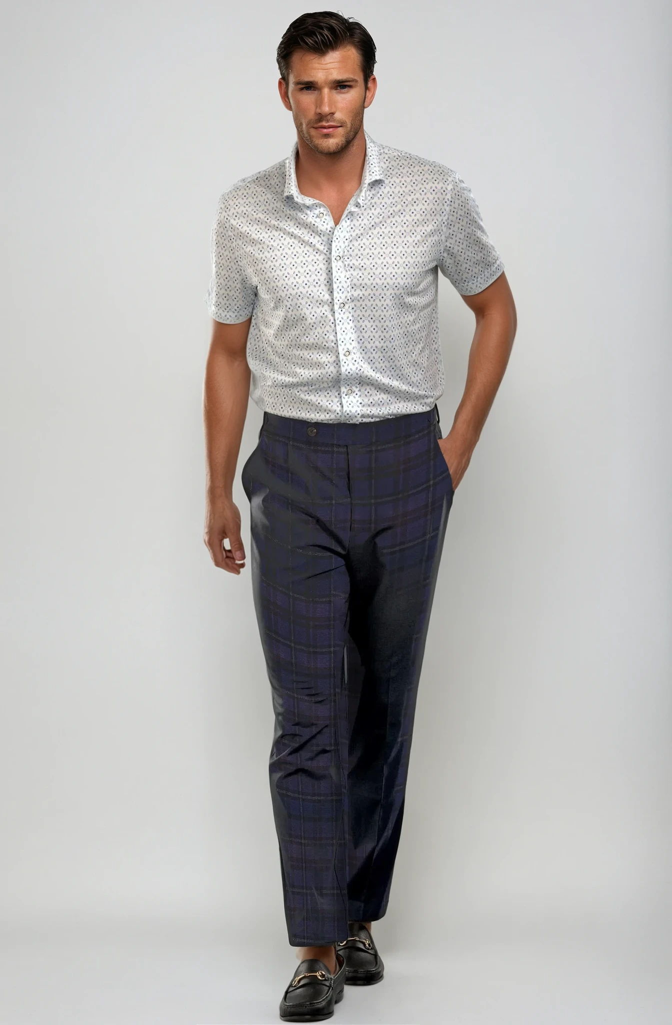 Buki Pleated Wool Trouser Pants - Navy Plaid — main product shot