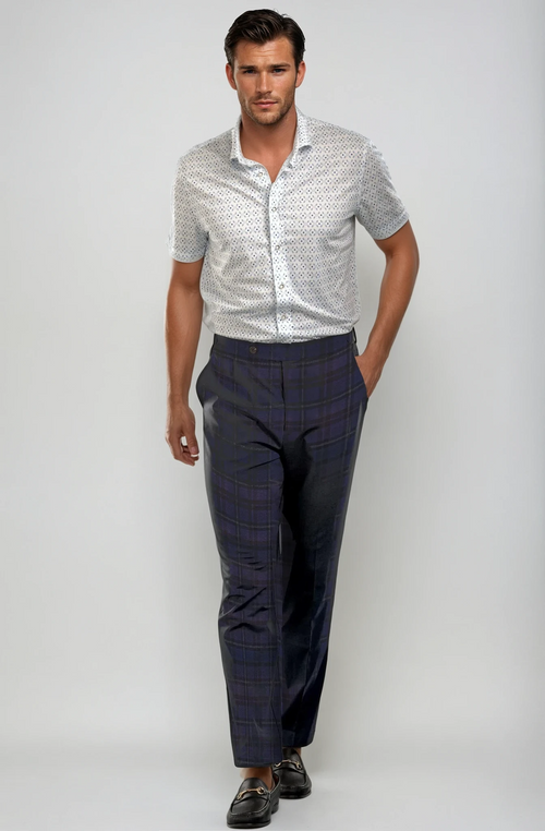 Buki Pleated Wool Trouser Pants - Navy Plaid — main product shot