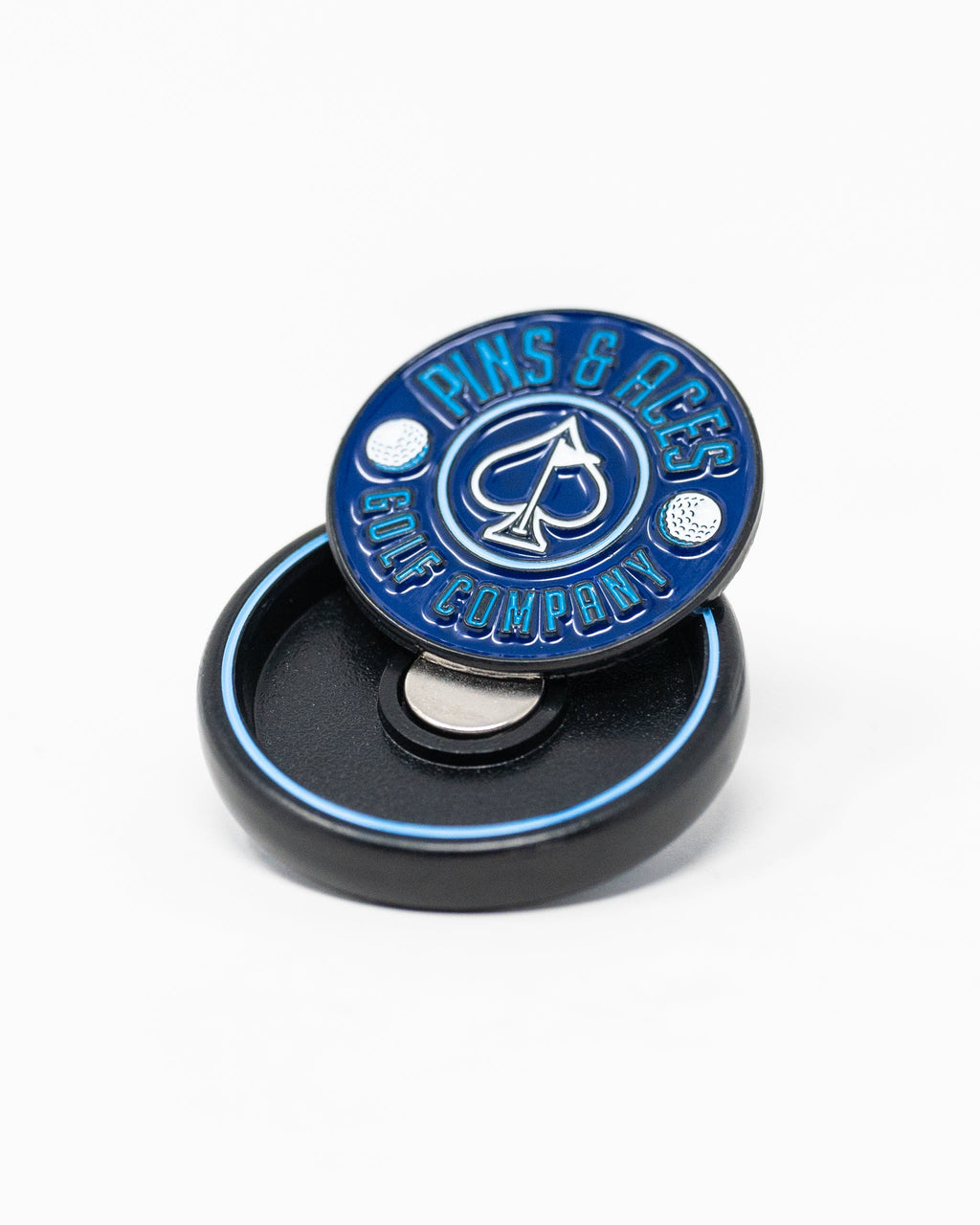 Pins and Aces Pop Out Medallion Ball Marker - Navy — product on model