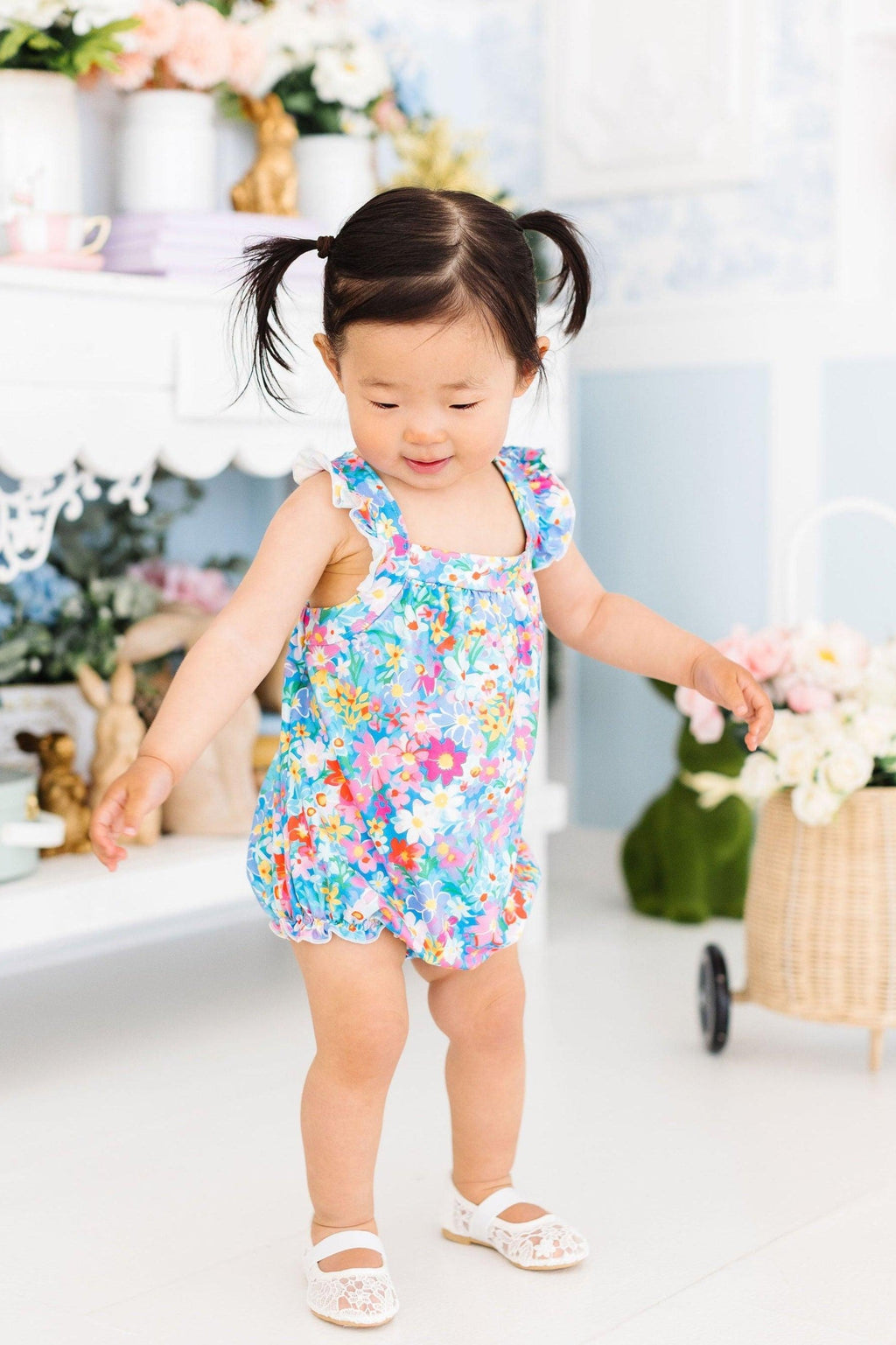Mila & Rose ® Preppy Floral Ruffle Cross Back Romper — detail close-up
