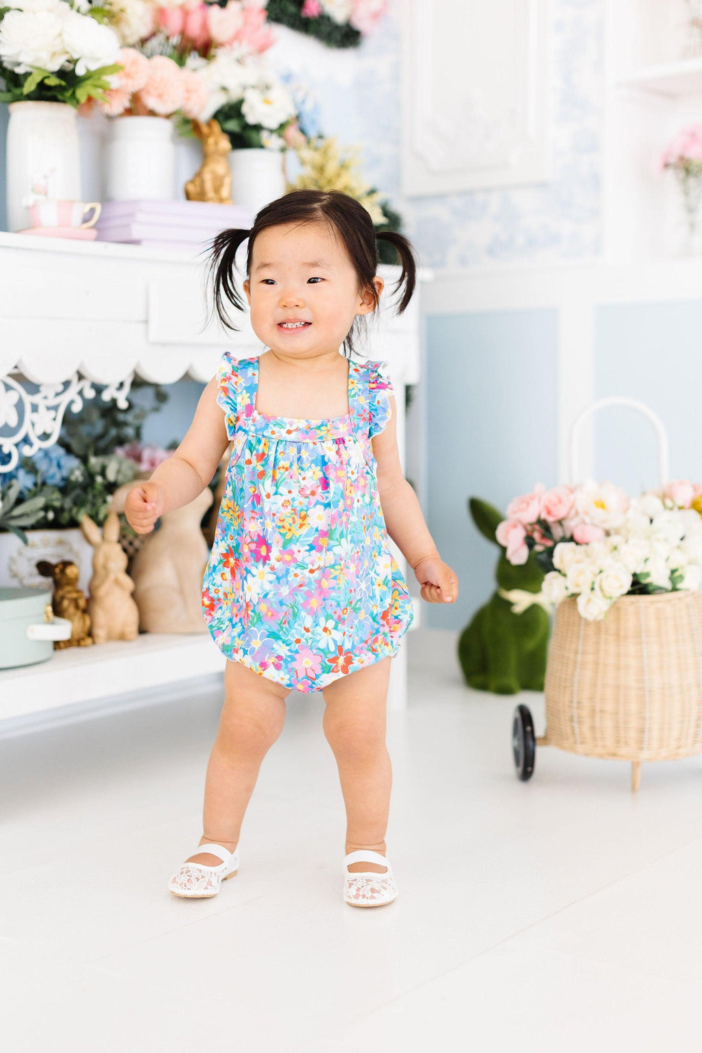 Mila & Rose ® Preppy Floral Ruffle Cross Back Romper — side view