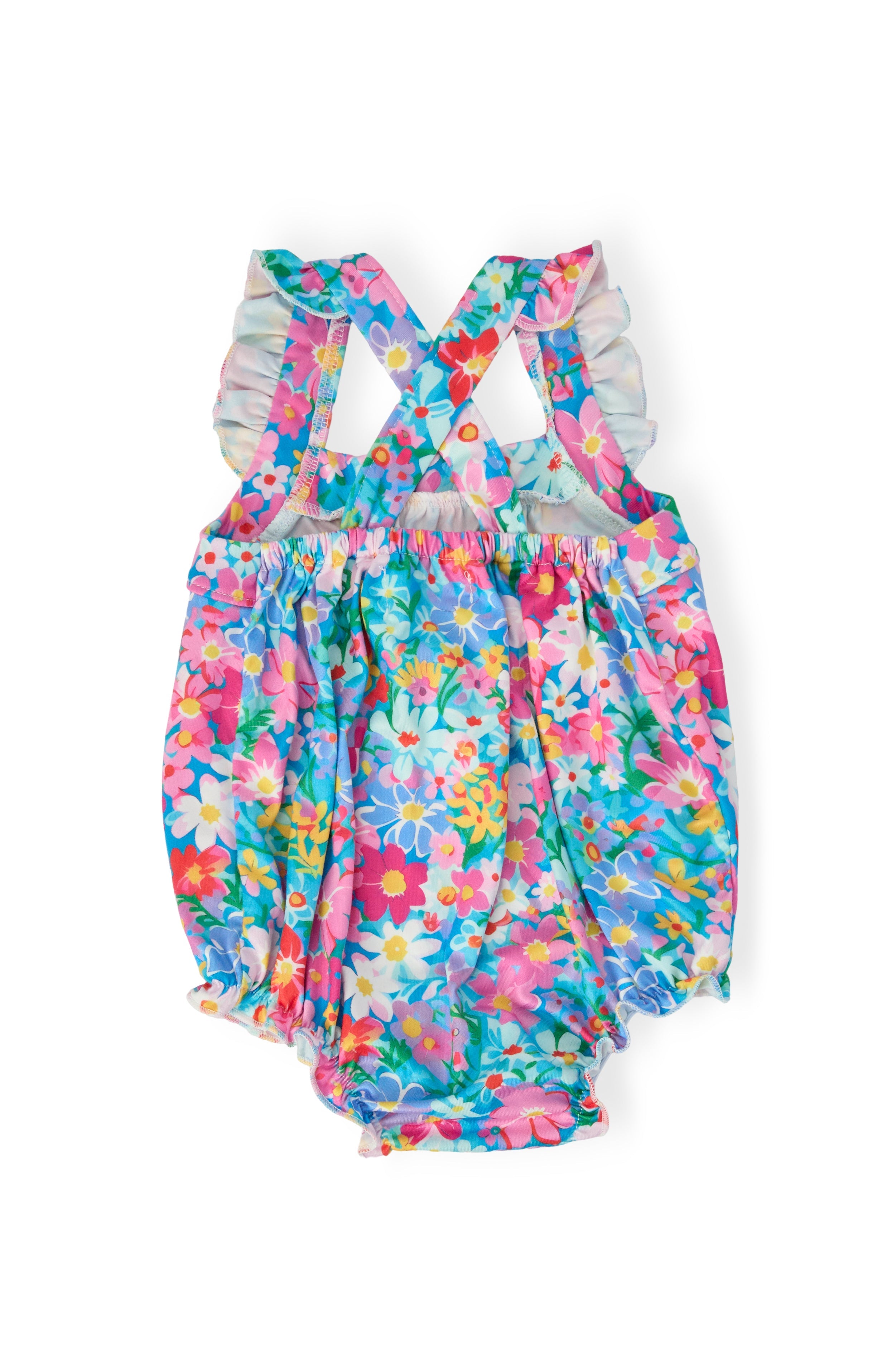 Mila & Rose ® Preppy Floral Ruffle Cross Back Romper — back view