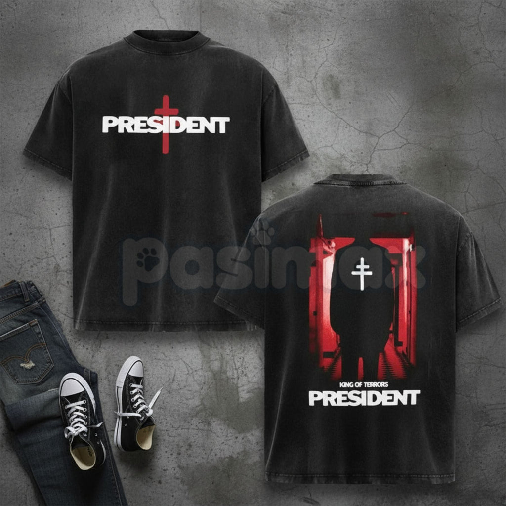 President Band T-Shirt Collection – Gothic Cross Graphic Tee, Oversized Vintage Washed Metal Style Political Streetwear