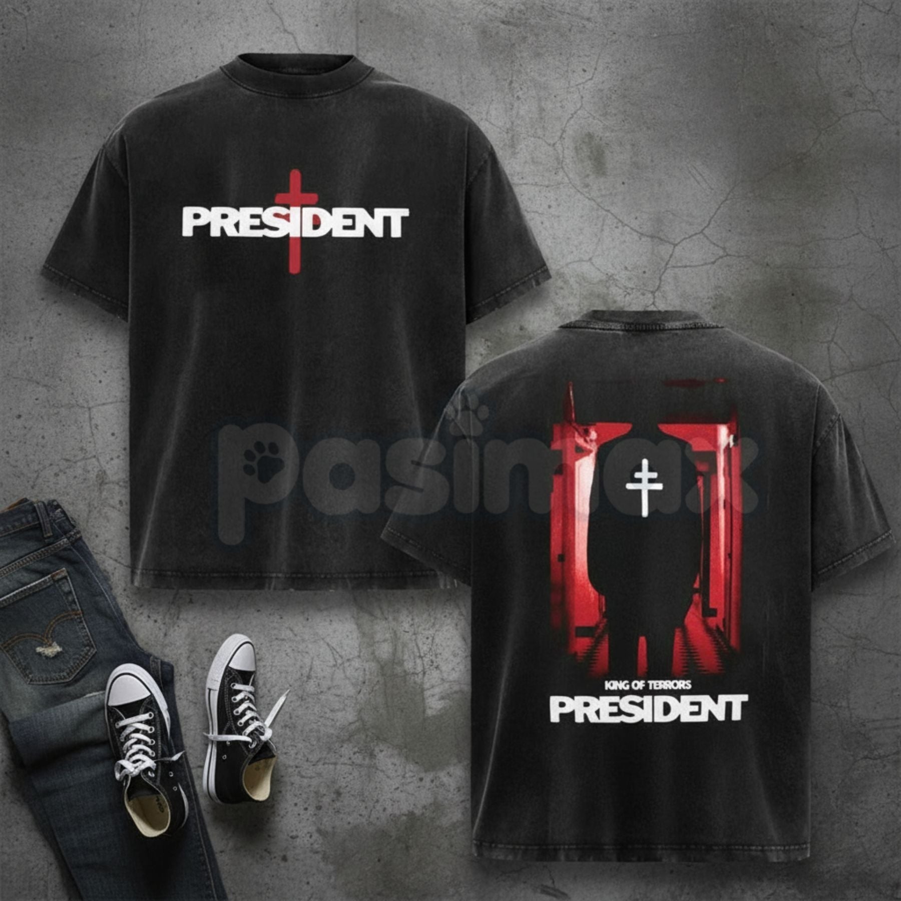 President Band T-Shirt Collection – Gothic Cross Graphic Tee, Oversized Vintage Washed Metal Style Political Streetwear