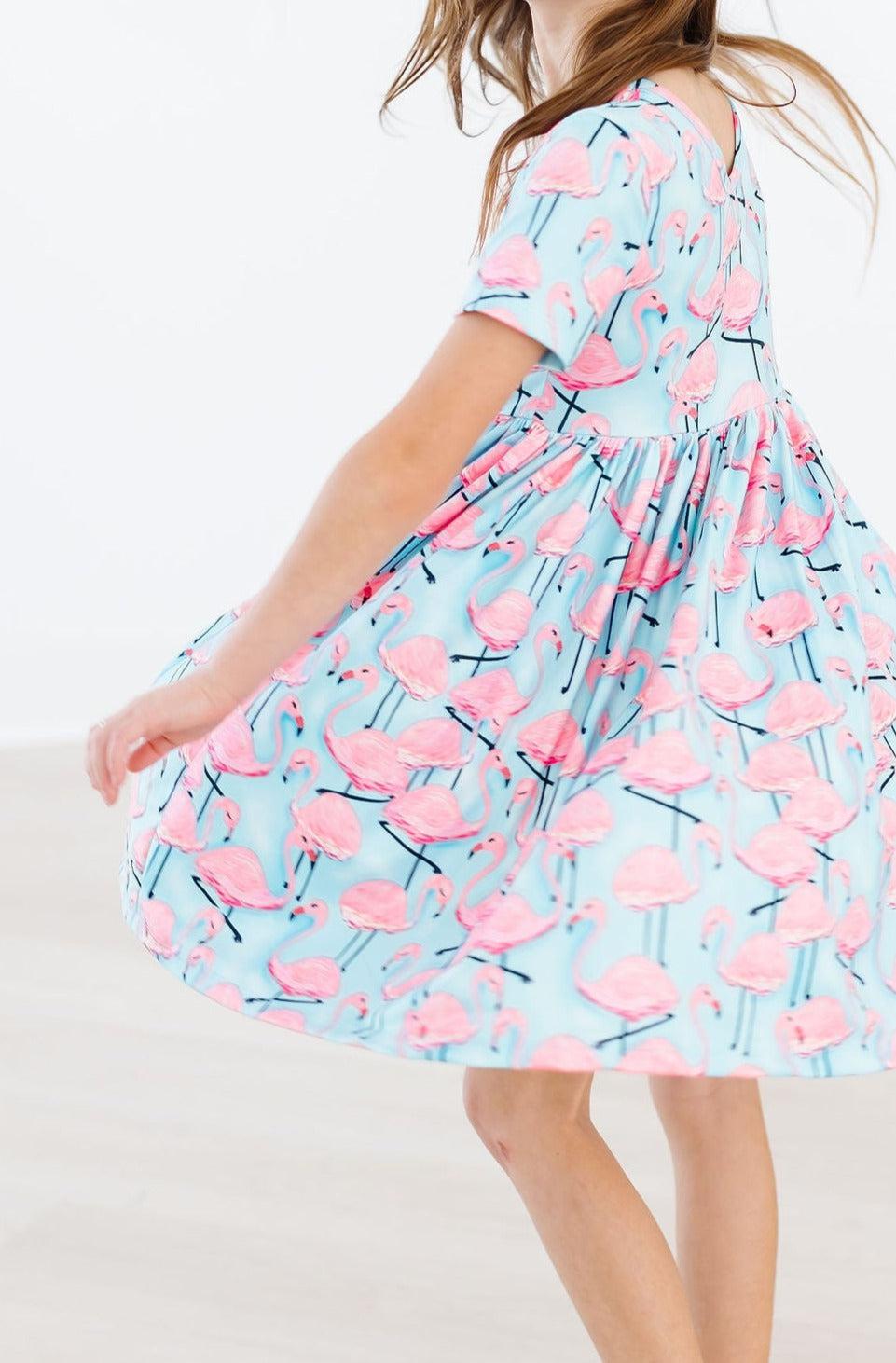 Mila & Rose ® Pretty in Pink Flamingos S/S Pocket Twirl Dress — detail close-up