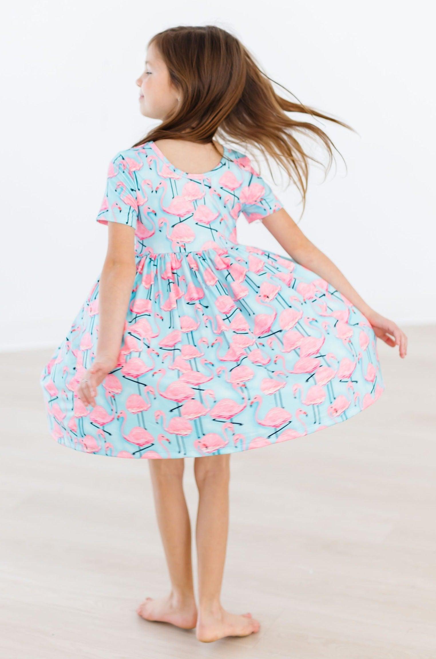 Mila & Rose ® Pretty in Pink Flamingos S/S Pocket Twirl Dress — side view