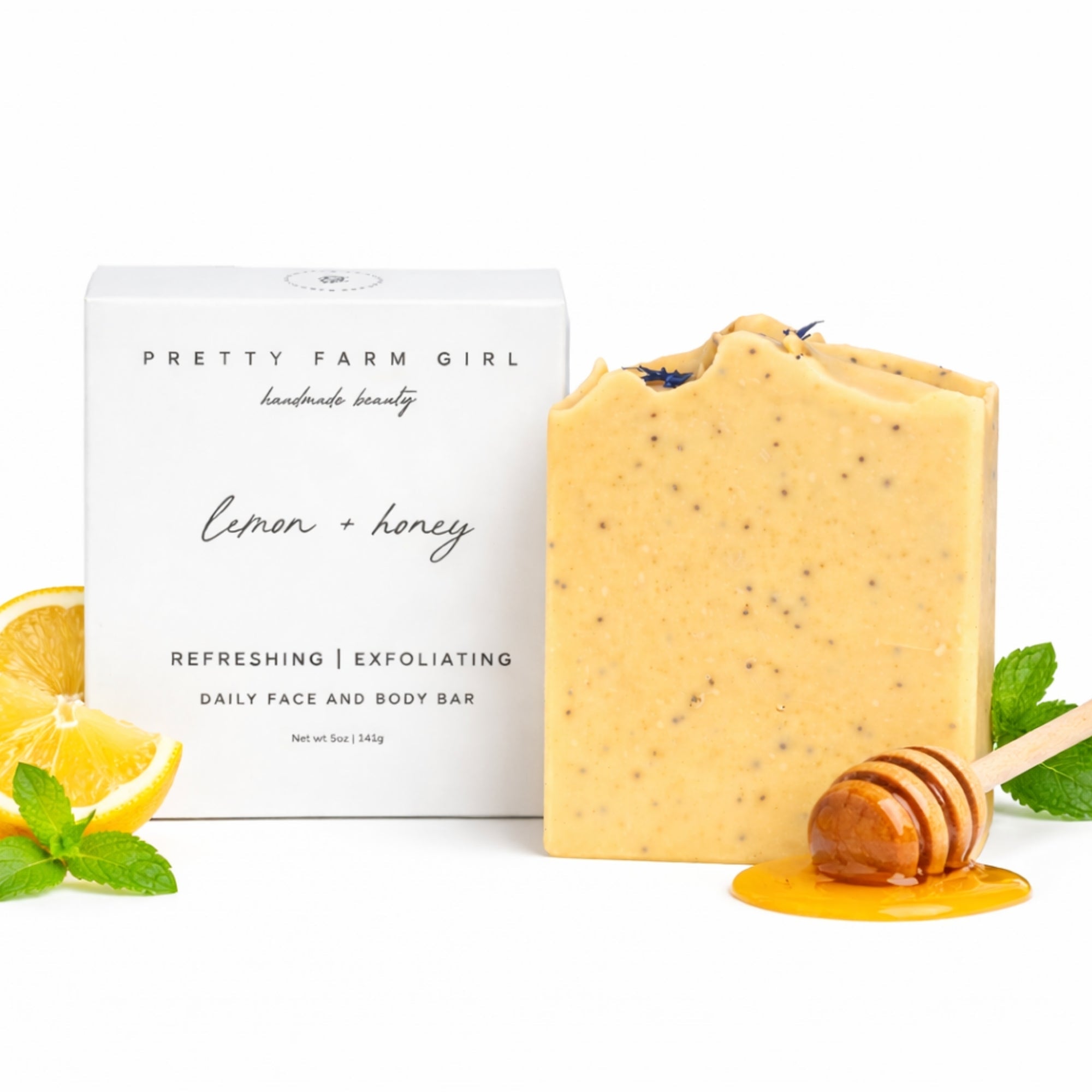 Pretty farm girl Lemon + Honey + Poppy Seed Handmade Tallow and Goat Milk Soap Bar — detail close-up