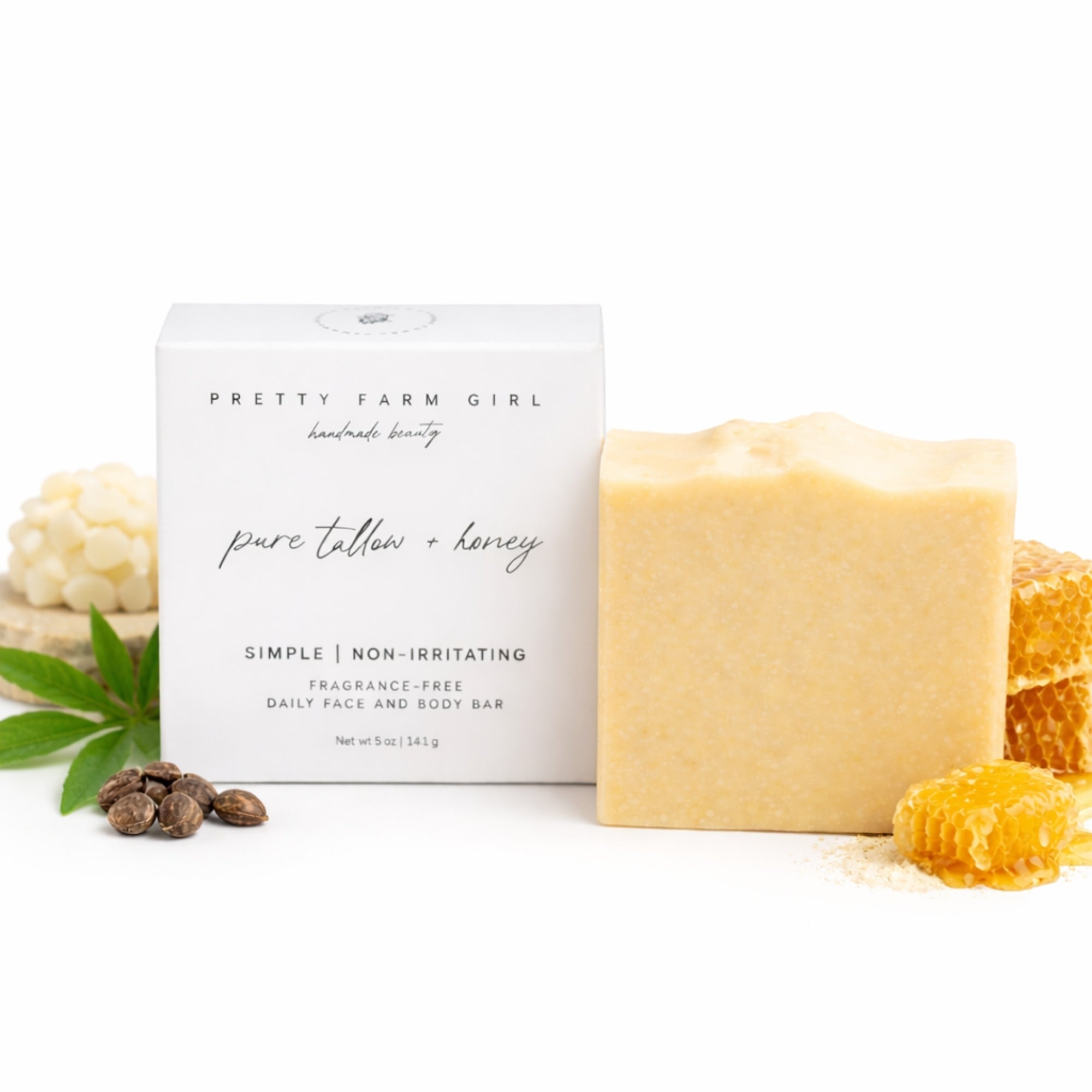 Pretty farm girl Pure Tallow + Honey Fragrance Free Handmade Tallow and Goat Milk Soap Bar — detail close-up
