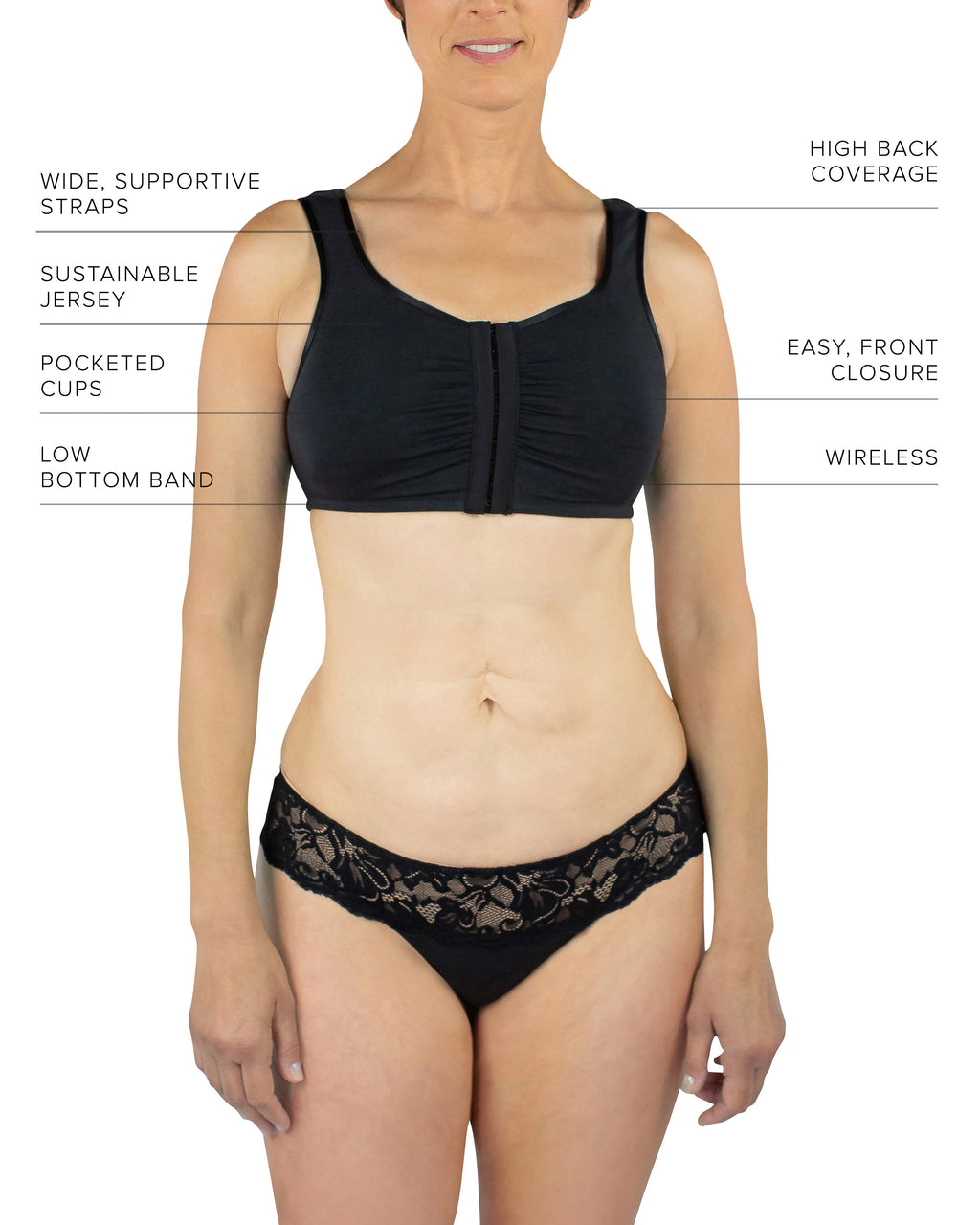 Everviolet Maia Front Close Bra, Black — in-use photo