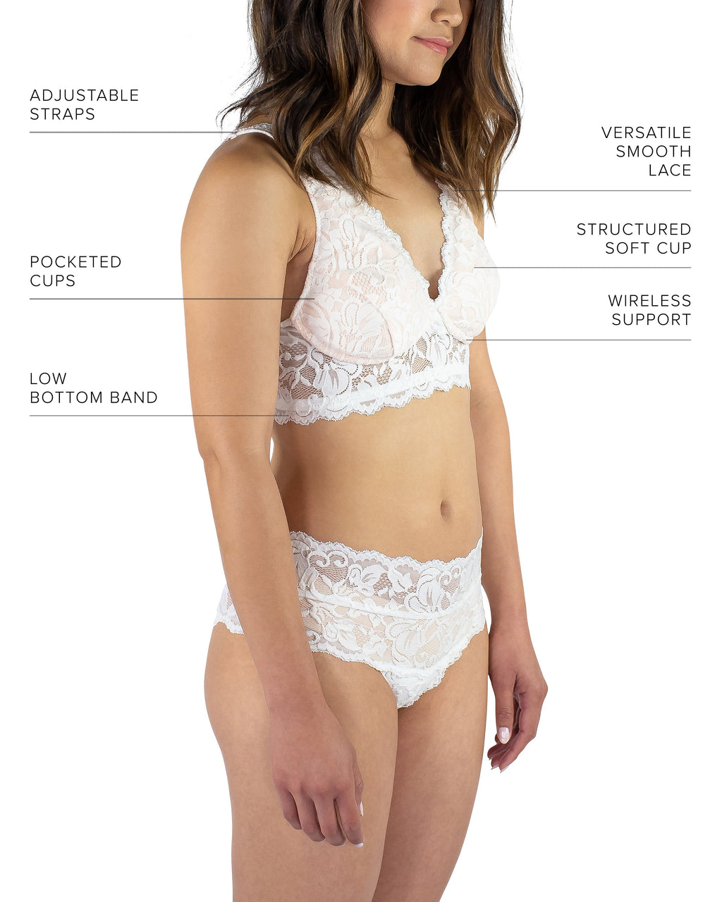 Everviolet Vela Wireless Bra, White / Blush — in-use photo