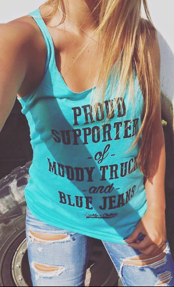 Luckless Outfitters Proud Supporter of Muddy Trucks and Blue Jeans Tank Top — side view