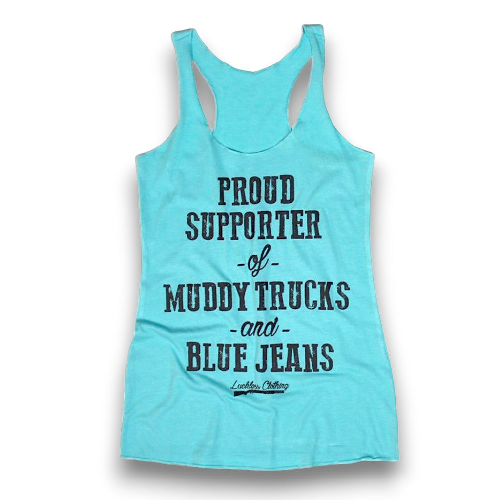 Luckless Outfitters Proud Supporter of Muddy Trucks and Blue Jeans Tank Top — detail close-up
