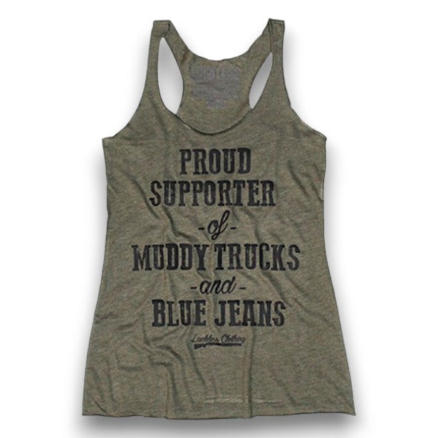 Luckless Outfitters Proud Supporter of Muddy Trucks and Blue Jeans Tank Top — main product shot