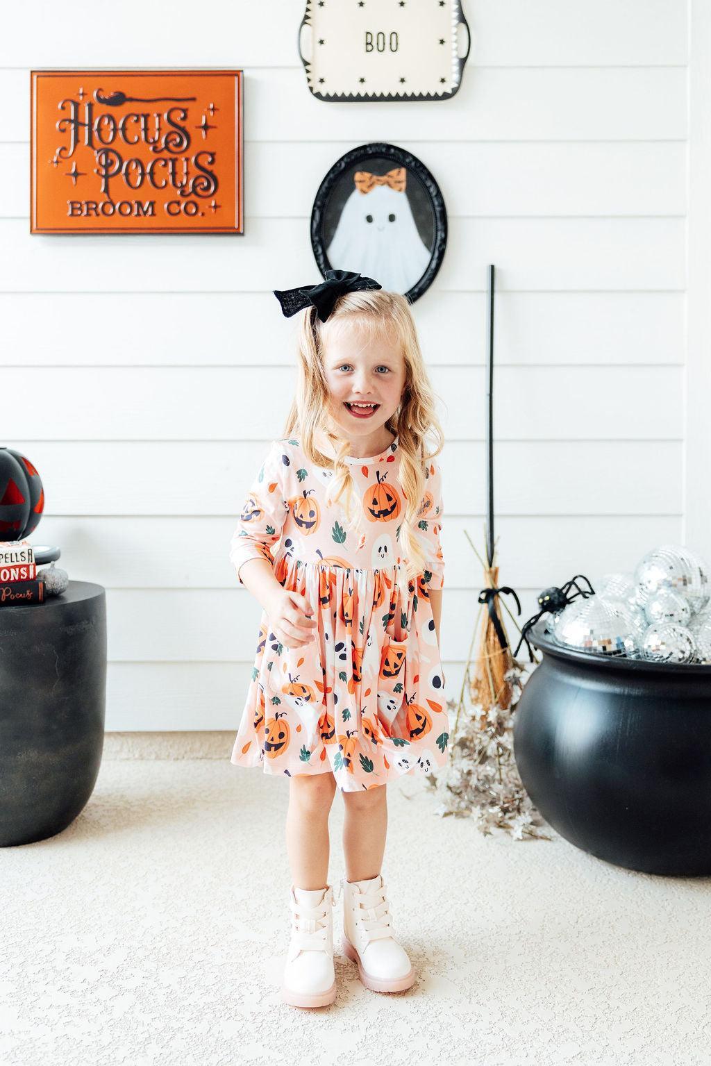 Mila & Rose ® Pumpkin Peekaboo 3/4 Sleeve Pocket Twirl Dress — detail close-up