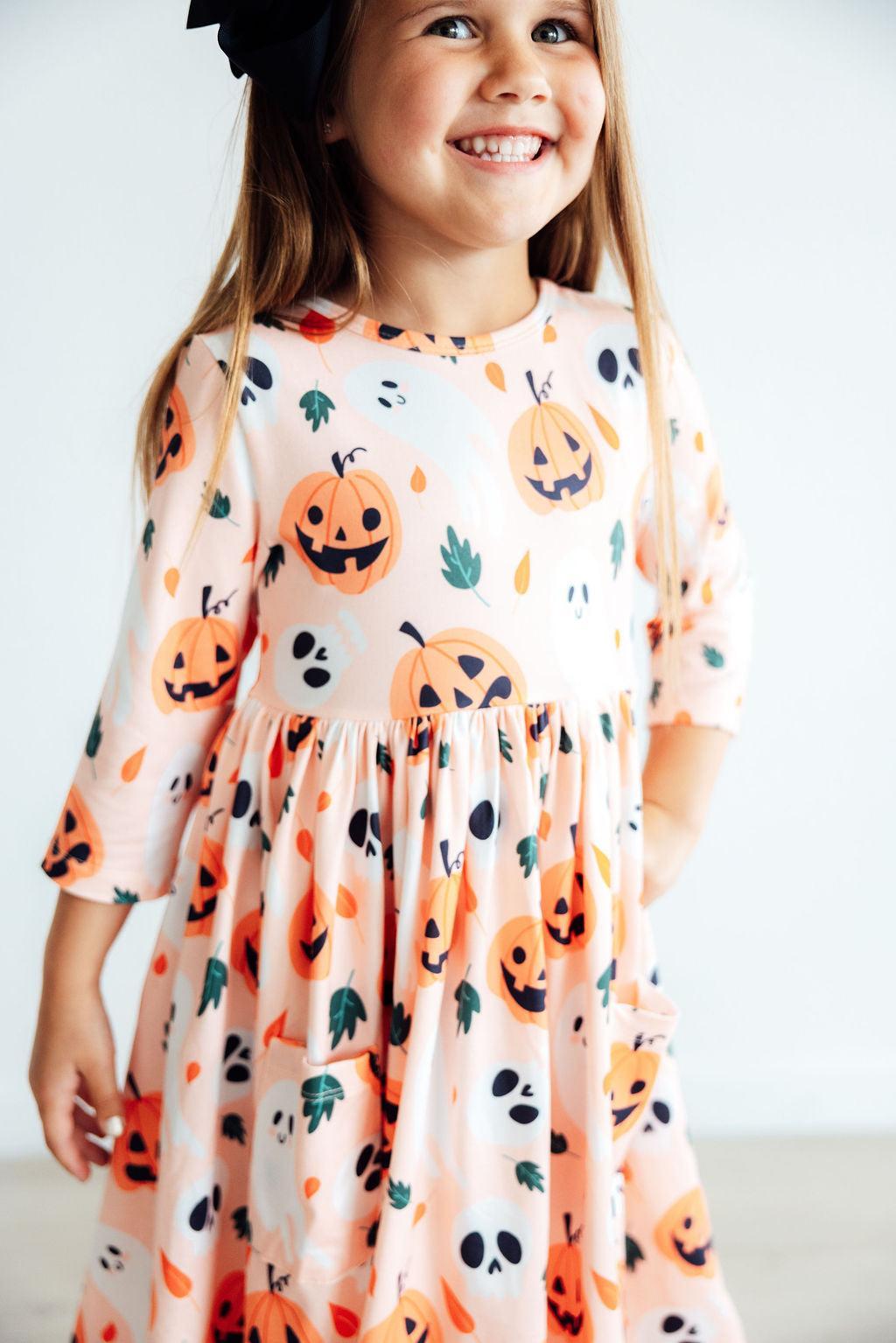 Mila & Rose ® Pumpkin Peekaboo 3/4 Sleeve Pocket Twirl Dress — side view