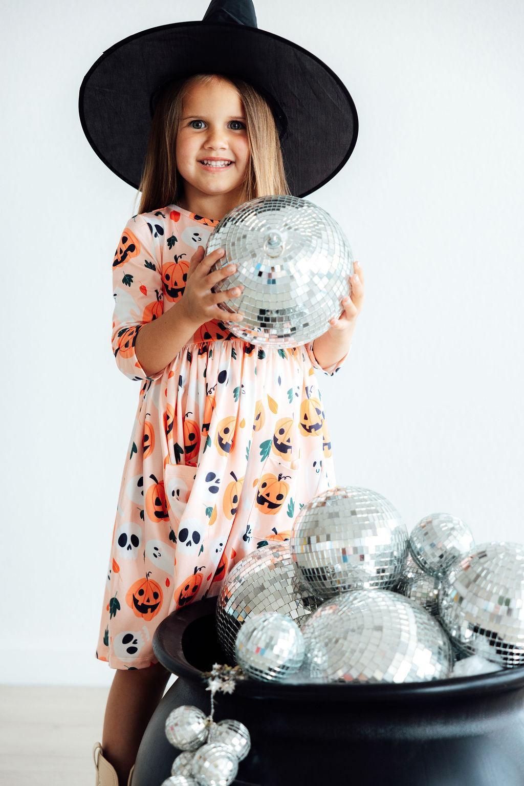 Mila & Rose ® Pumpkin Peekaboo 3/4 Sleeve Pocket Twirl Dress — back view