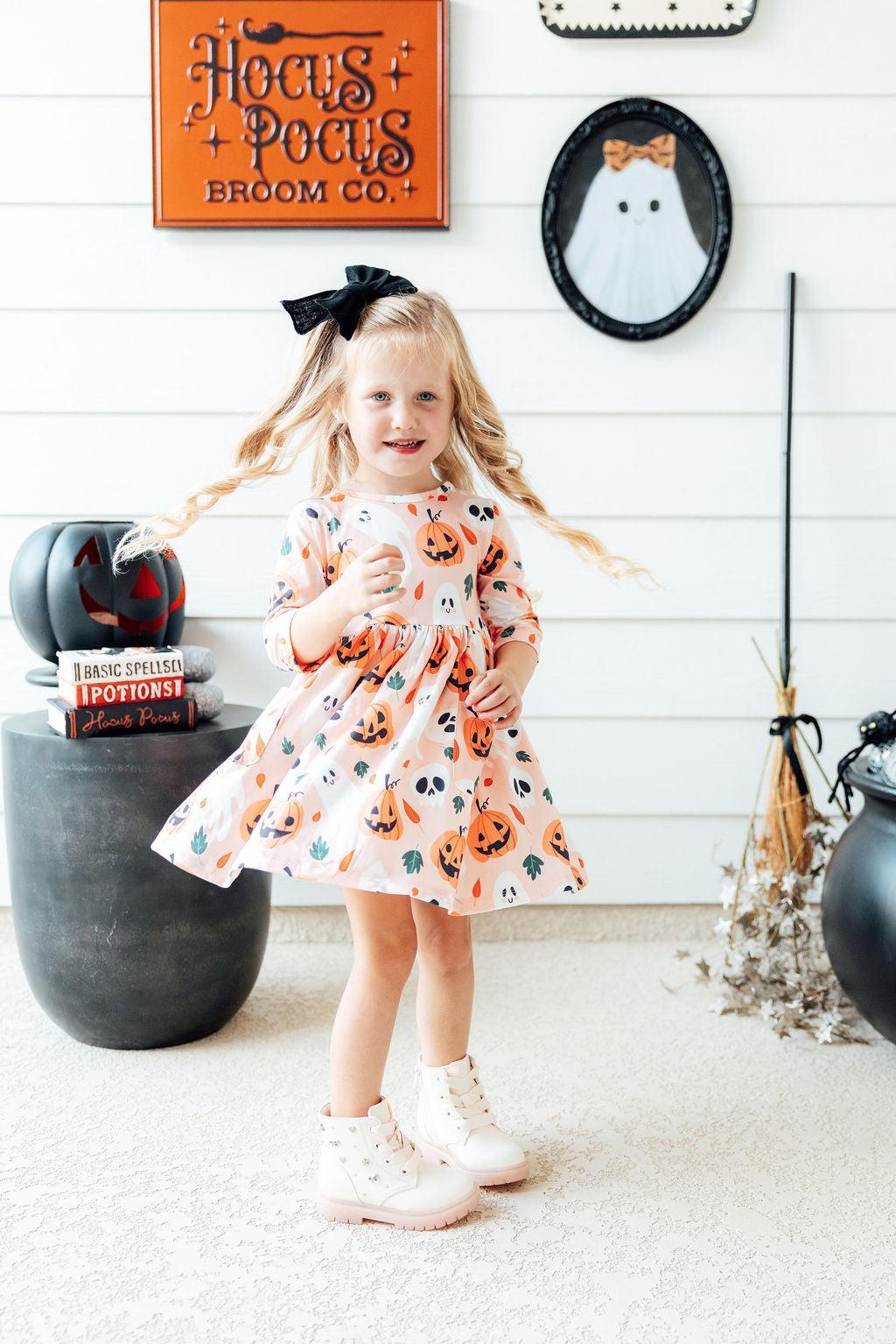 Mila & Rose ® Pumpkin Peekaboo 3/4 Sleeve Pocket Twirl Dress — alternative angle