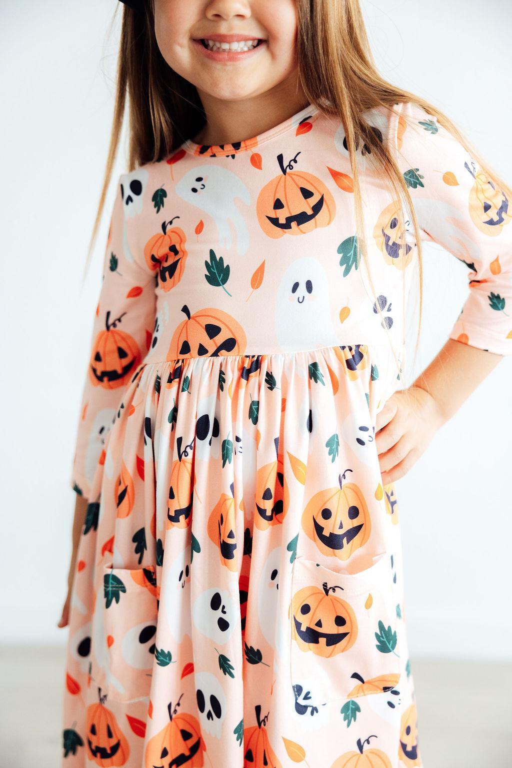 Mila & Rose ® Pumpkin Peekaboo 3/4 Sleeve Pocket Twirl Dress — size reference