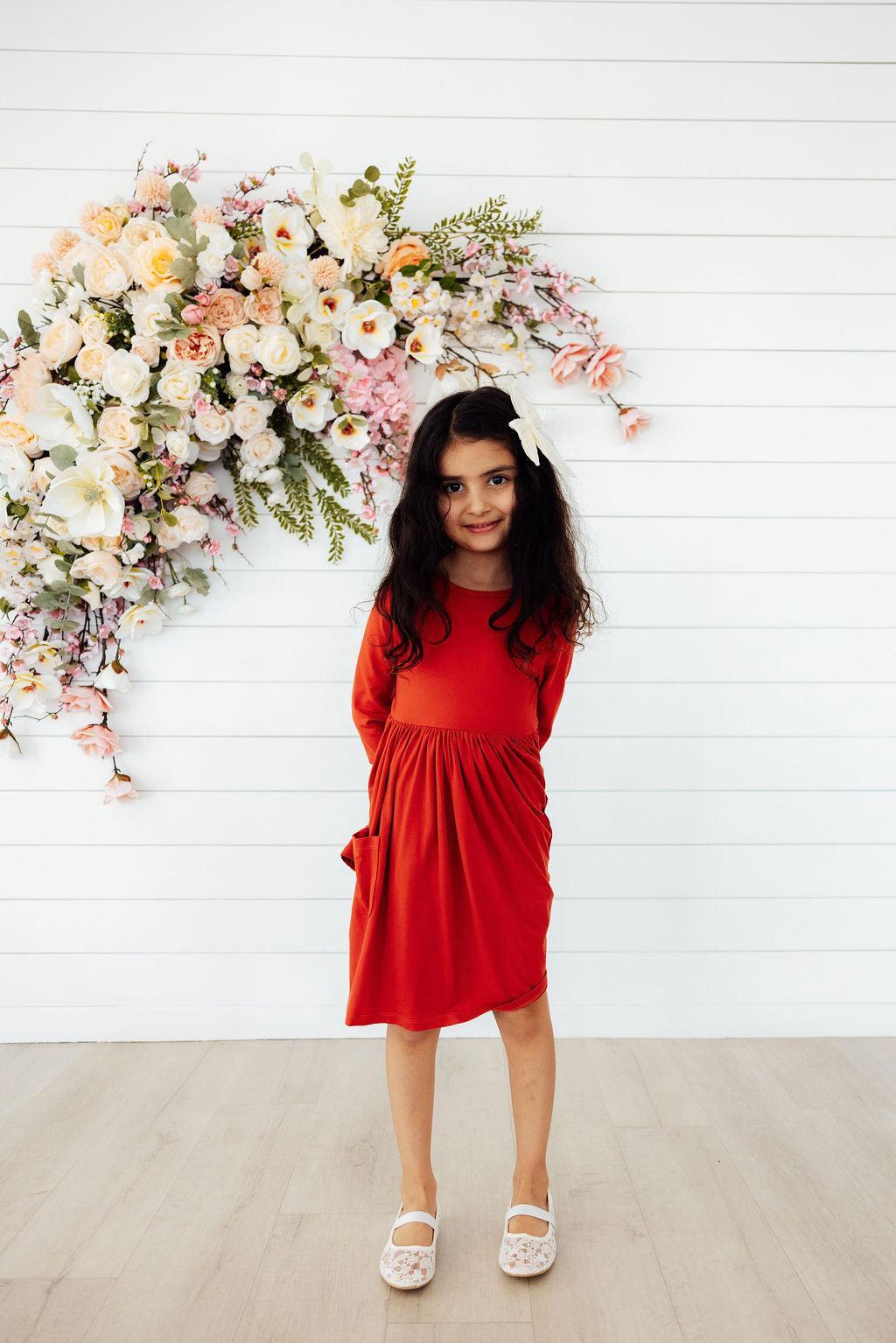 Mila & Rose ® Pumpkin Spice 3/4 Sleeve Pocket Twirl Dress — side view