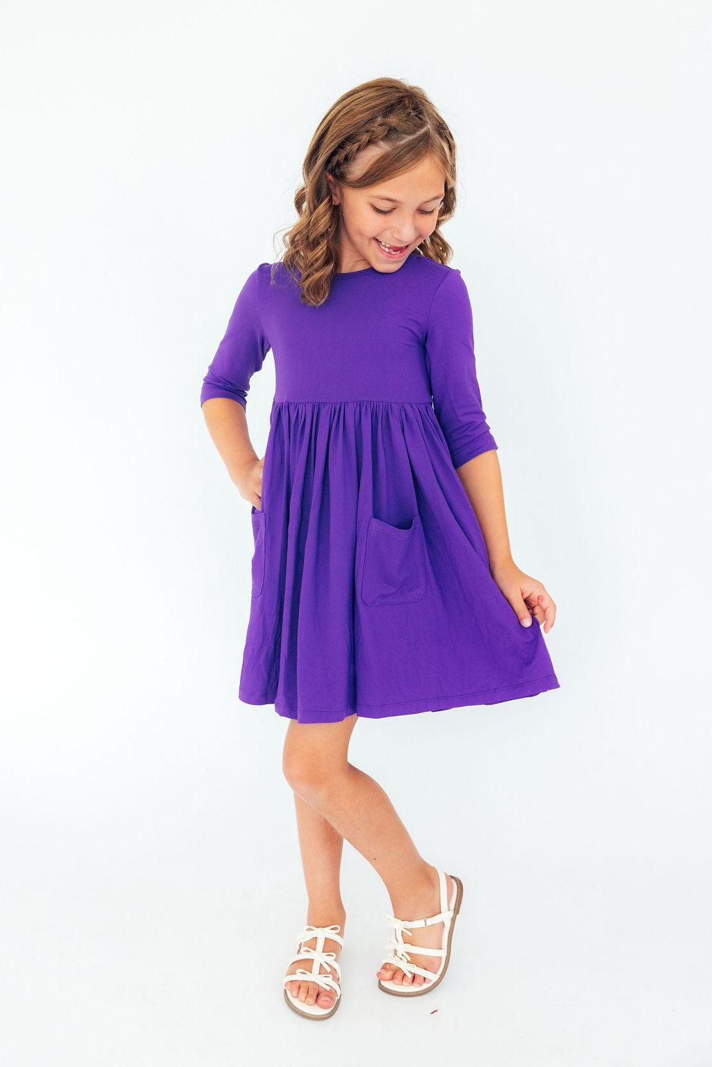 Mila & Rose ® Purple 3/4 Sleeve Pocket Twirl Dress — lifestyle context
