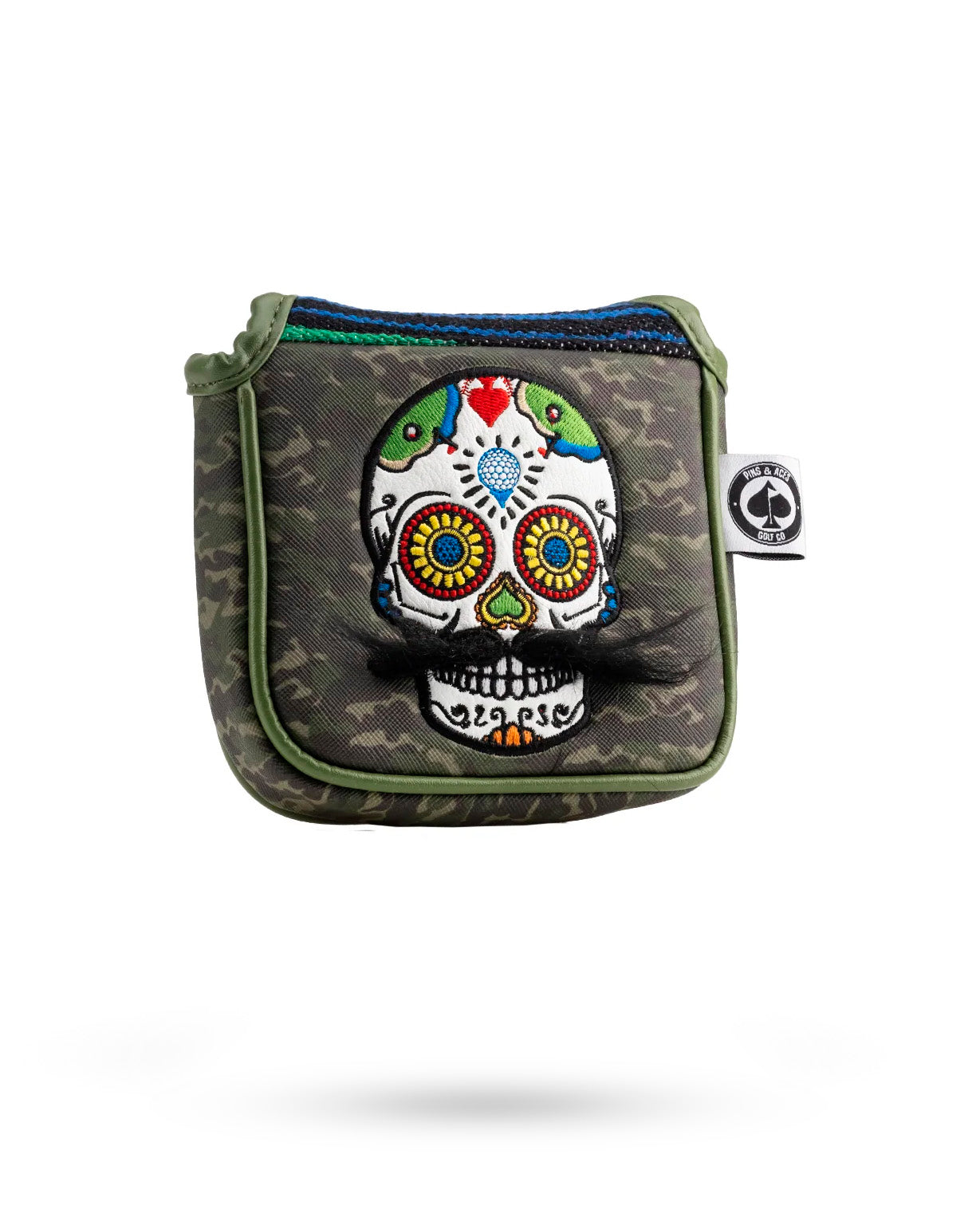 Pins and Aces Mustache Sugar Skull - Mallet Putter Cover Green Camo — main product shot