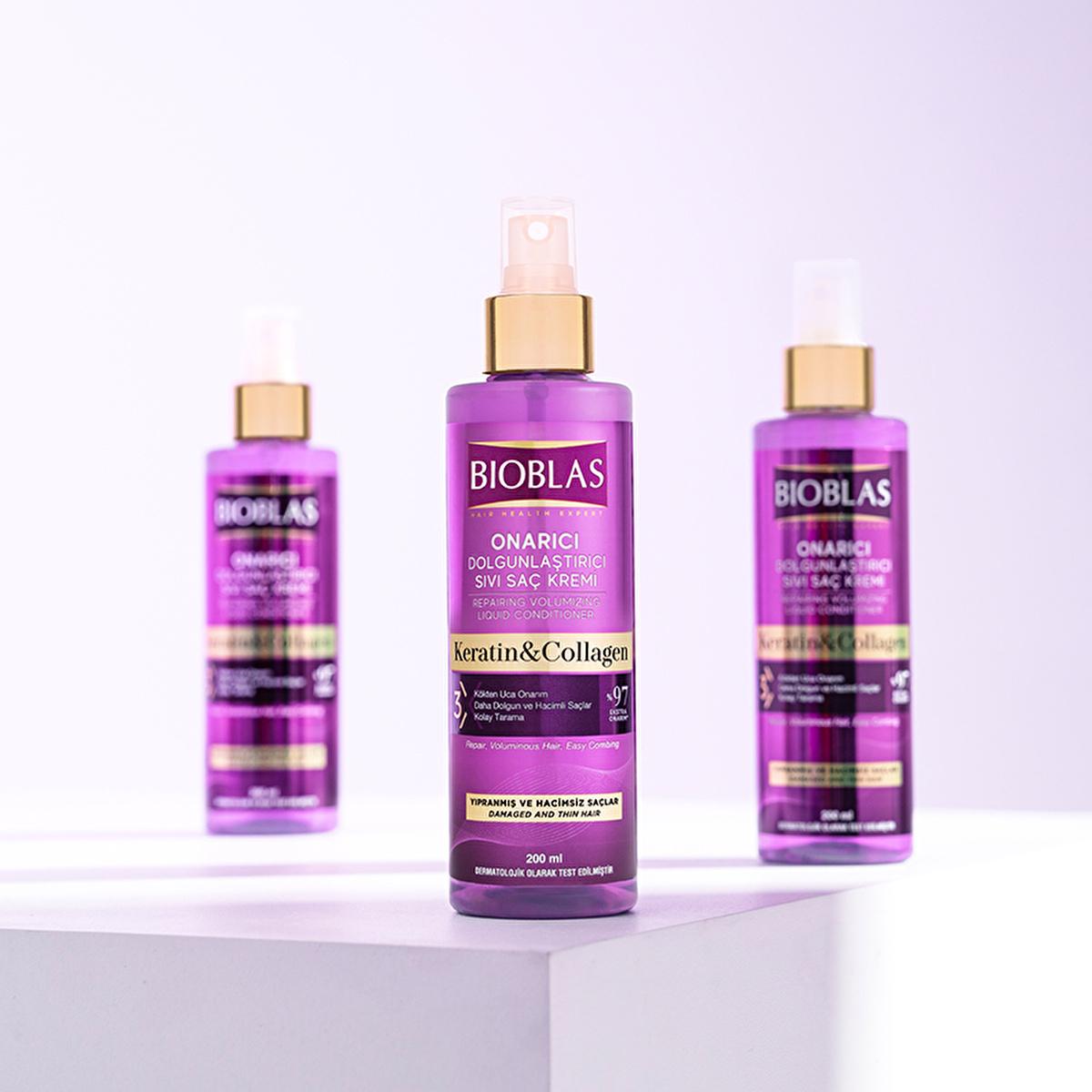 Bioblas Collagen & Keratin Leave-In Hair Conditioner: Volumizing, Thickening & Anti-Frizz for Fine Hair - Enhances Shine & Prevents Hair Loss