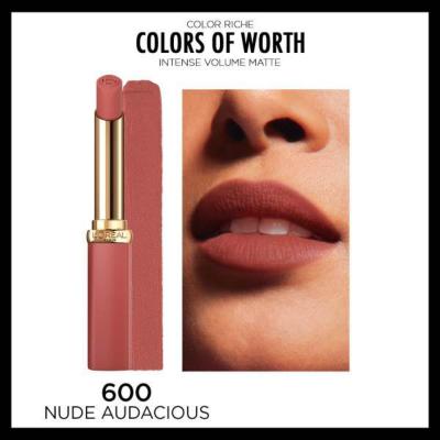 L'Oreal Paris Color Riche Colors of Worth Nude Audacious Lipstick: Volumizing Matte Finish with Hyaluronic Acid, Long-Lasting Nude Shade