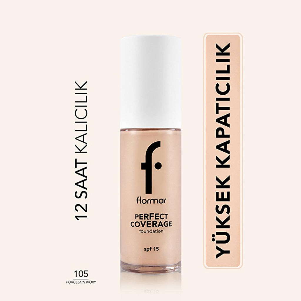 Flormar Perfect Coverage Foundation 105 Porcelain Ivory: Flawless Finish, 12-Hour Wear, and SPF 15 Protection