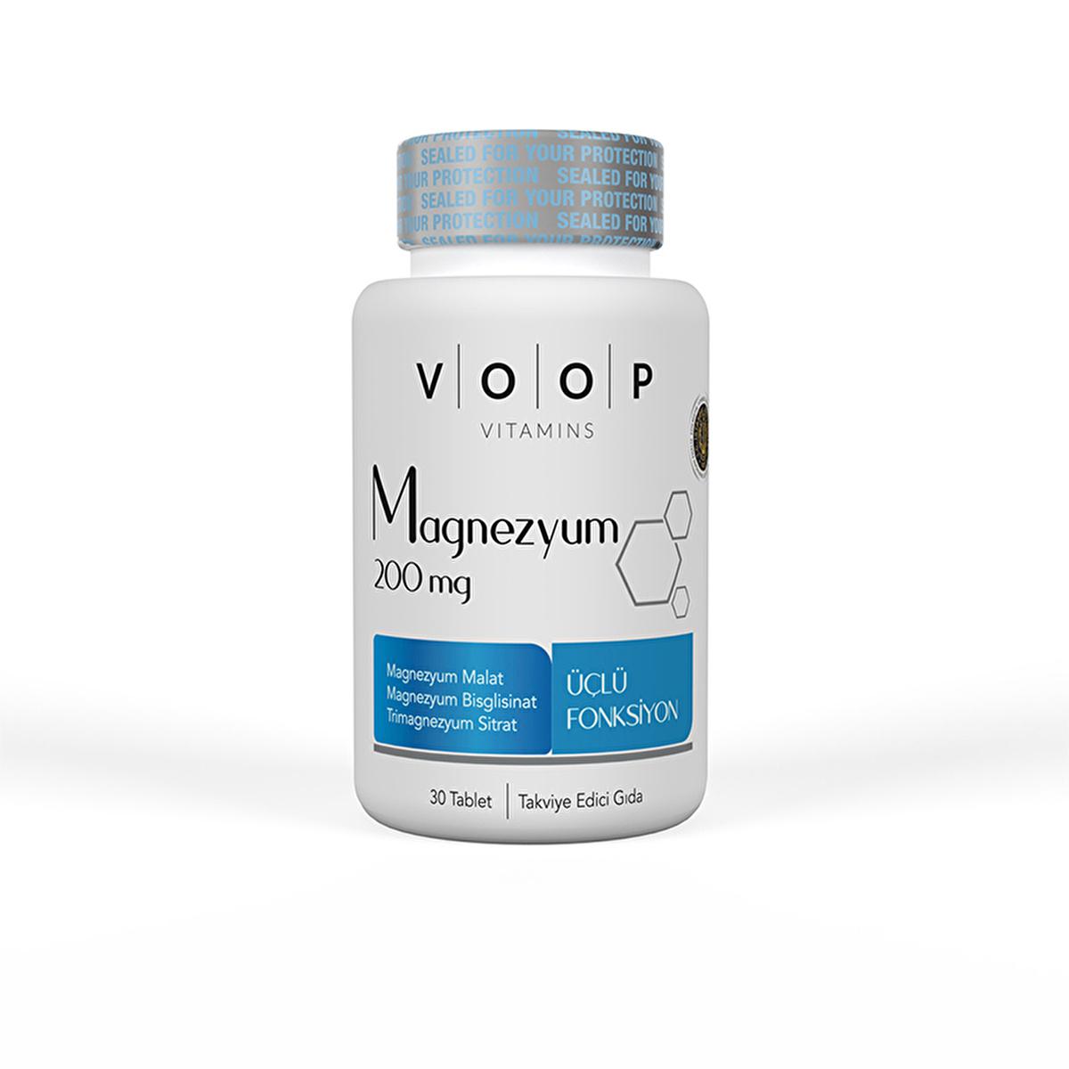 Voop Magnesium Supplement 200mg - Triple Magnesium Complex (Malate, Citrate, Bisglycinate) - 30 Tablets for Enhanced Absorption & Muscle Function
