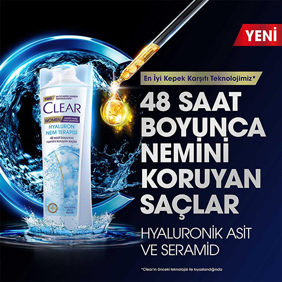Clear Women Hyaluron Moisture Therapy Anti-Dandruff Shampoo - 48H Hydration, Dry Scalp Treatment, Volumizing