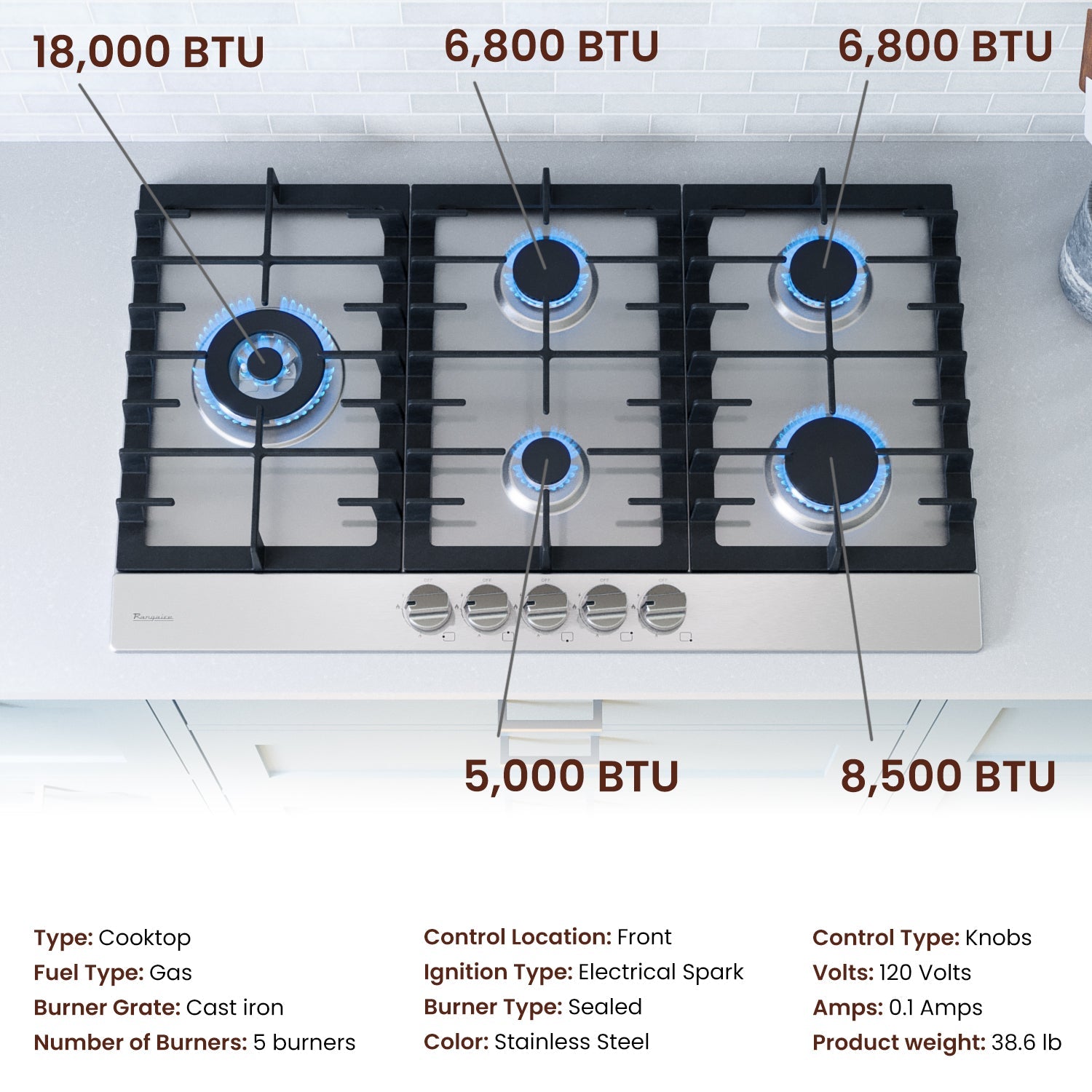 Rangaire 34" Gas Cooktop 5 Burners Stainless Steel RCG341S – Rangaire Appliances, view 5