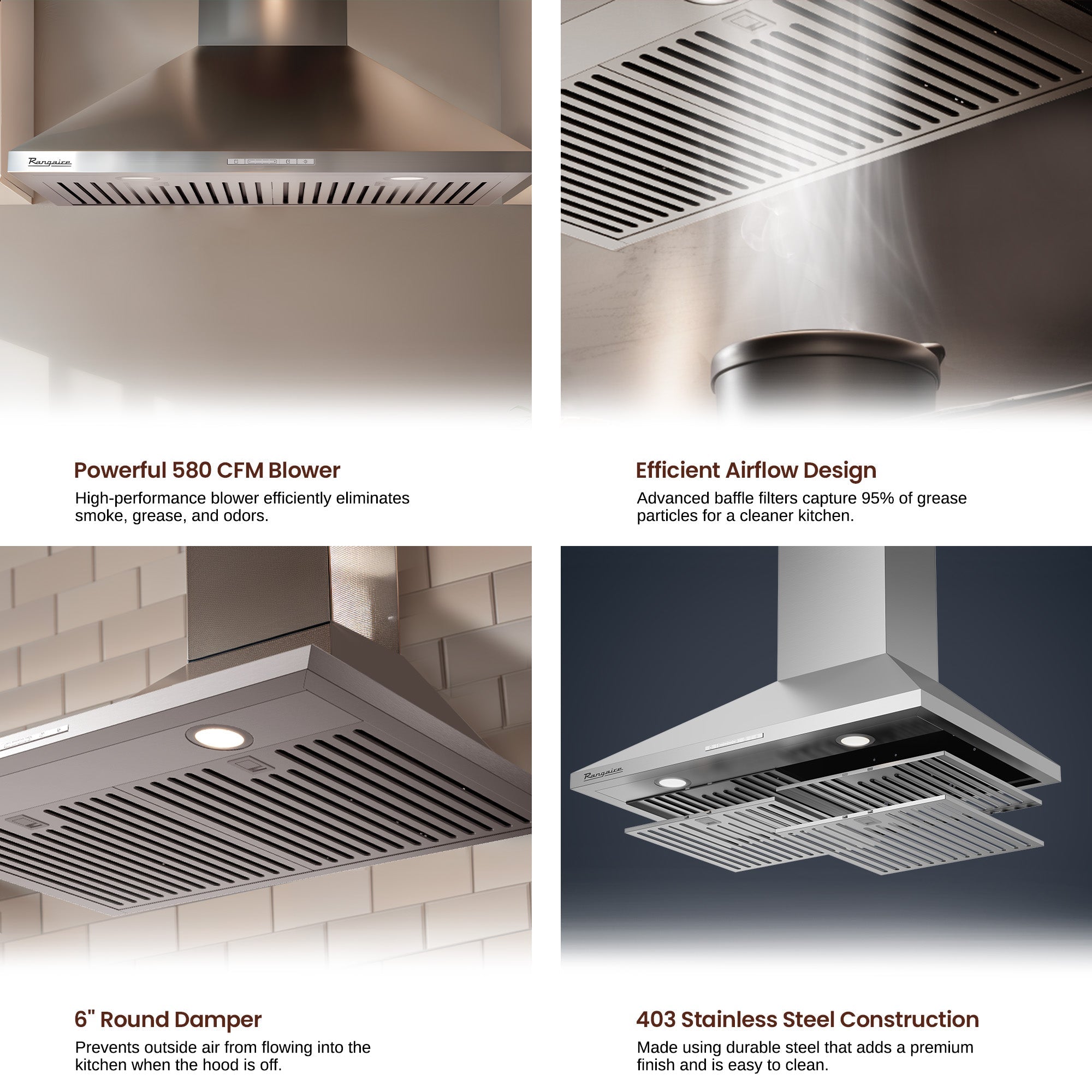Rangaire 36" Wall-Mounted Range Hood 580 CFM Convertible Stainless Steel RHWMP36S – Rangaire Appliances, view 3
