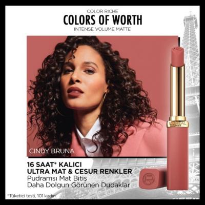 L'Oreal Paris Color Riche Colors of Worth Nude Audacious Lipstick: Volumizing Matte Finish with Hyaluronic Acid, Long-Lasting Nude Shade
