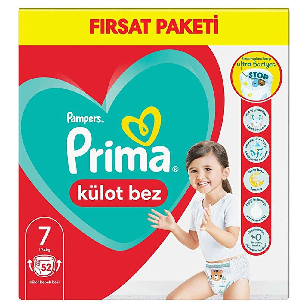 Prima Pampers Disposable Diapers Pants Size 7, 52 Count - Leak Proof, Easy Change, Comfort Fit
