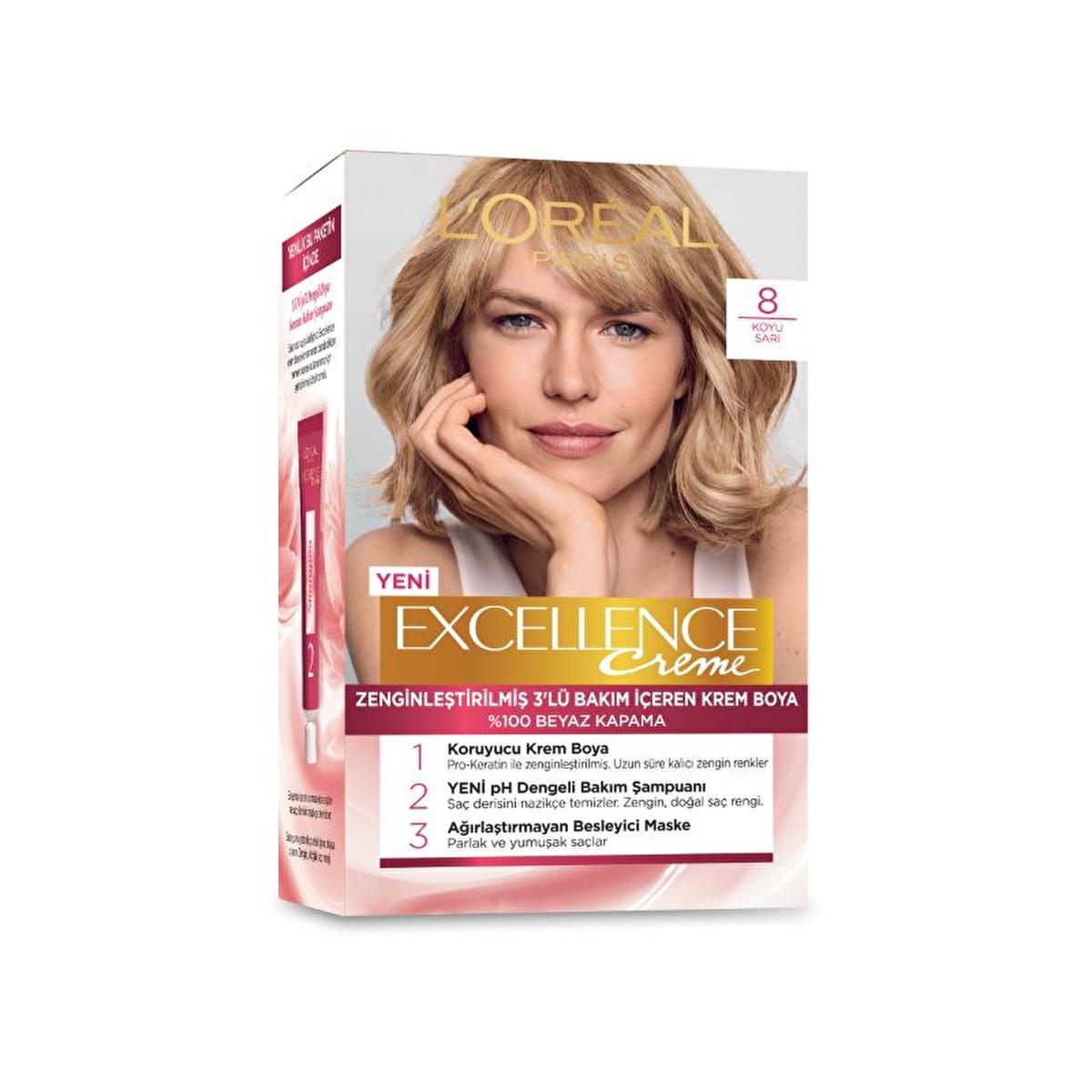 Loreal Paris Excellence Creme Hair Dye - 8 Dark Blonde, Long Lasting Color & Nourishment