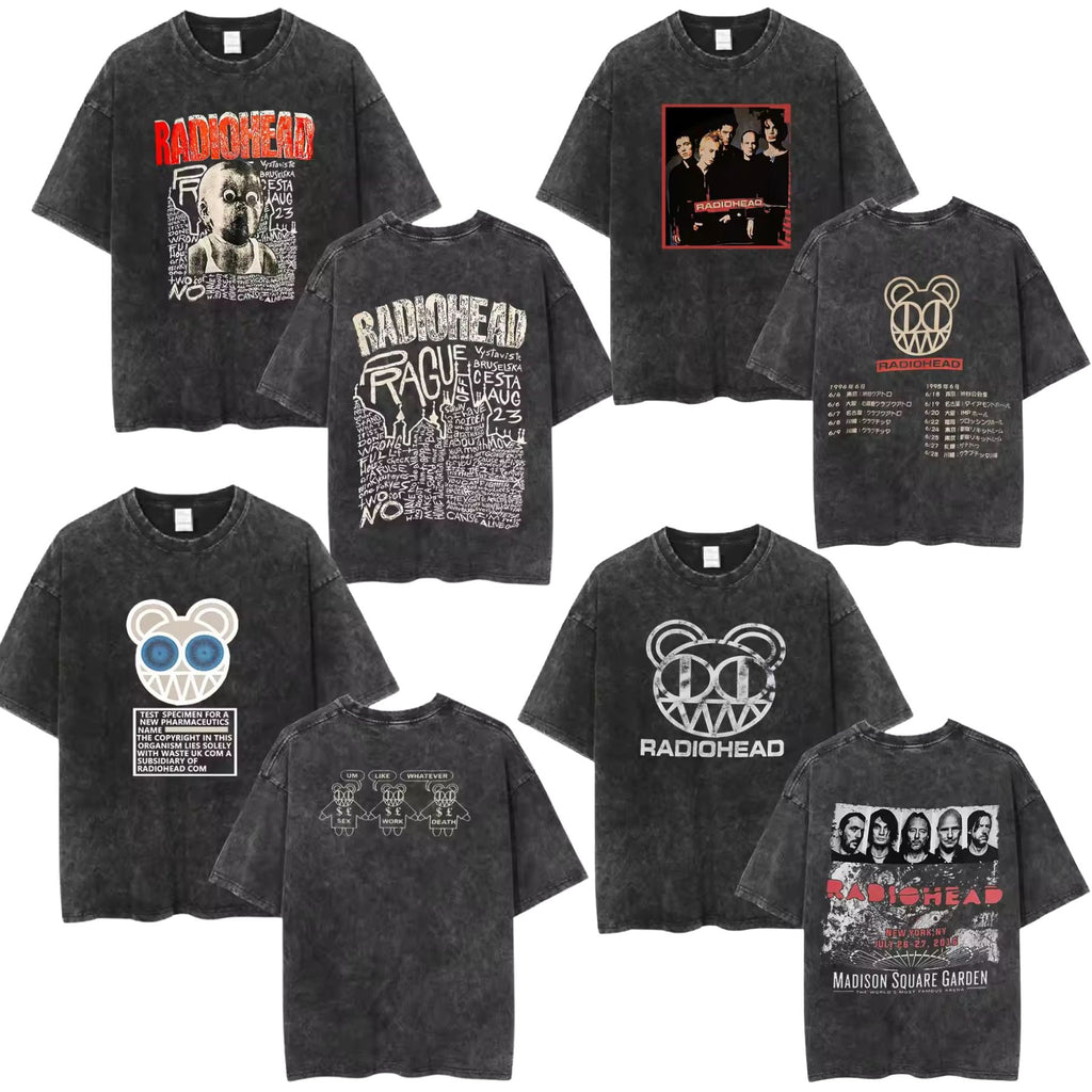 Radiohead Rock Band Washed Cotton T-Shirt – Retro Alternative Rock Graphic Tee, Vintage Distressed Heavyweight Style Unisex Concert Top