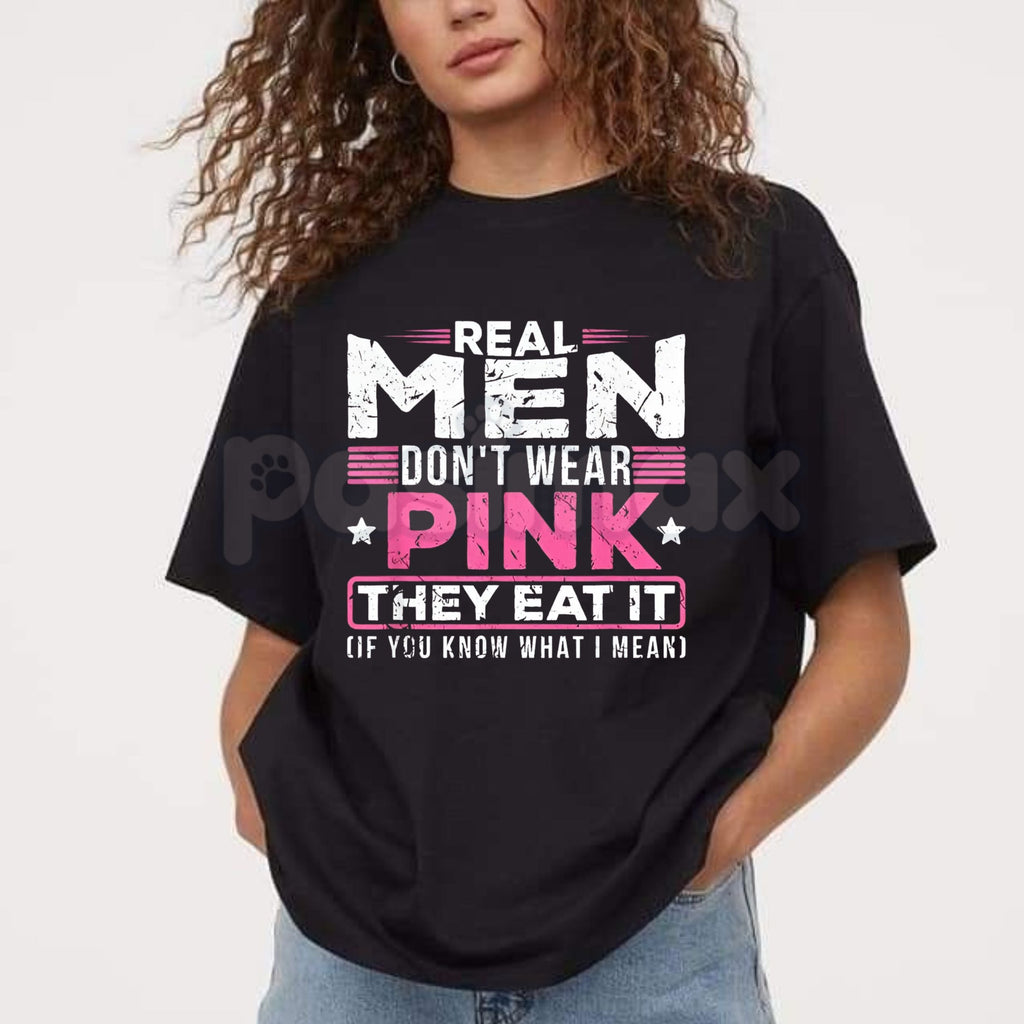 Pasimax "Real Men Don't Wear Pink" Absurdist Cat T-Shirt - Funny Surreal Humor Graphic Tee, Irony Core Weird Text Shirt, Prem