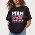 Pasimax "Real Men Don't Wear Pink" Absurdist Cat T-Shirt - Funny Surreal Humor Graphic Tee, Irony Core Weird Text Shirt, Prem