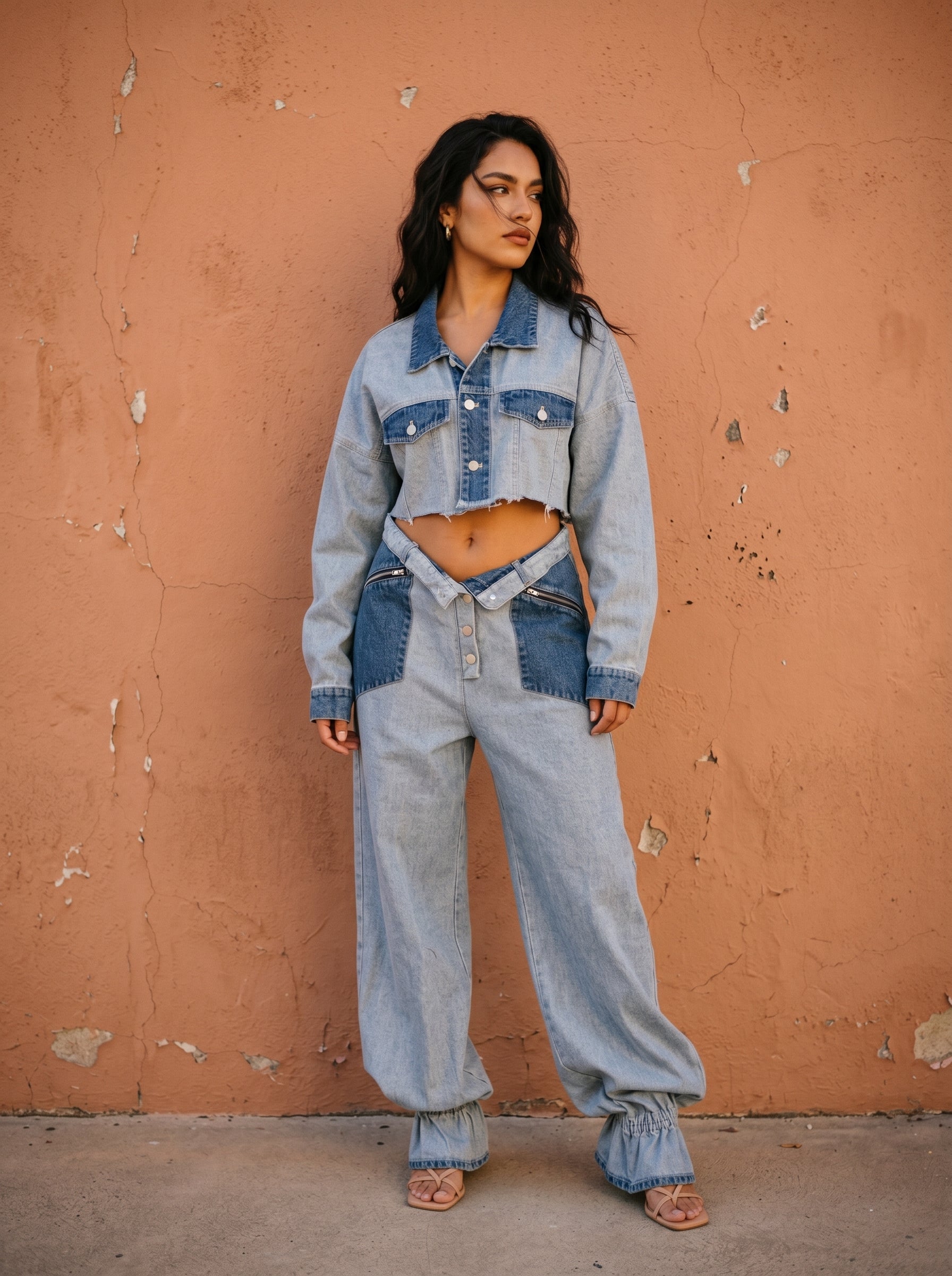 Cropped Contrast Denim Set