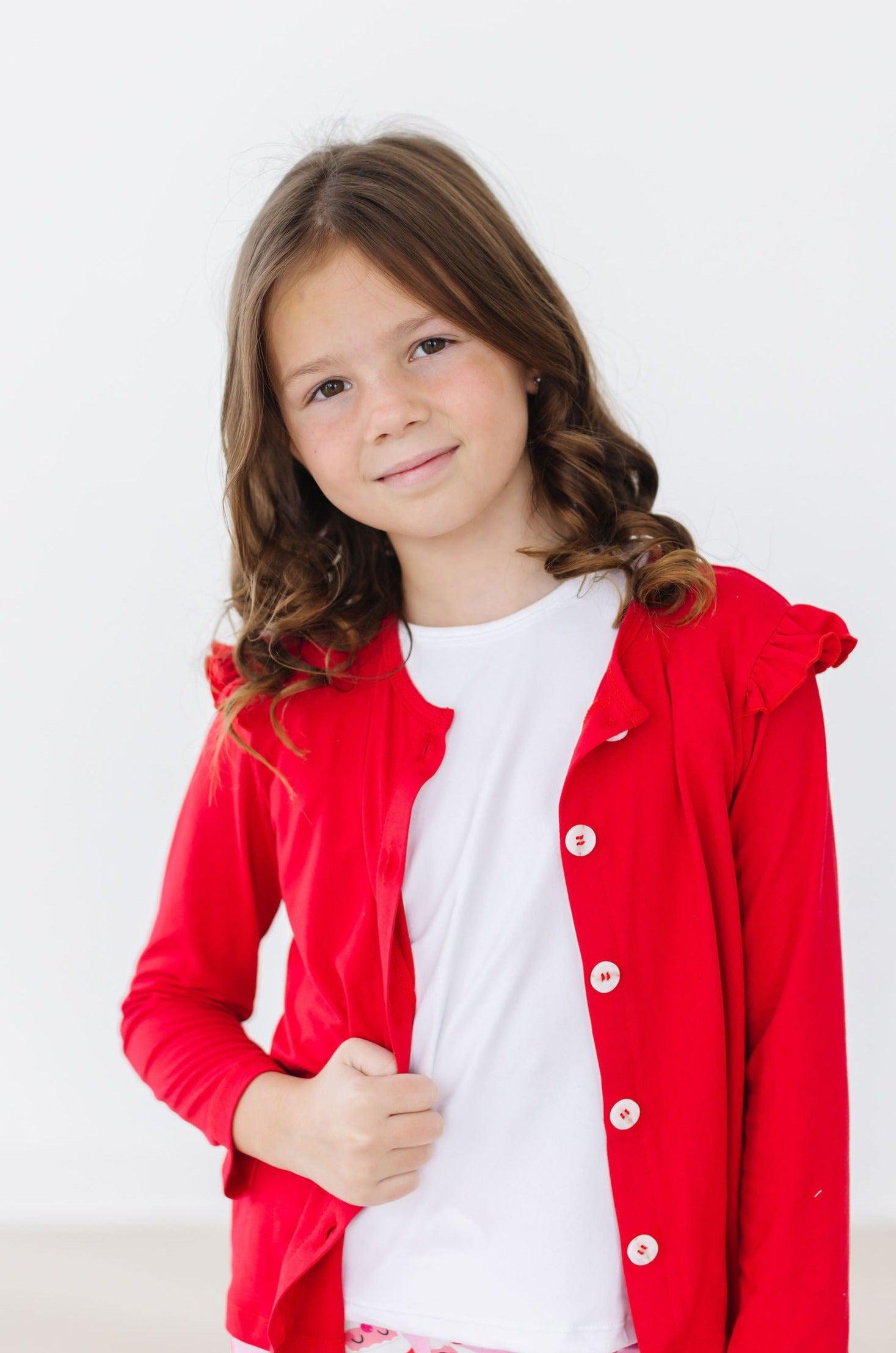 Mila & Rose ® Red Ruffle Cardigan — lifestyle context
