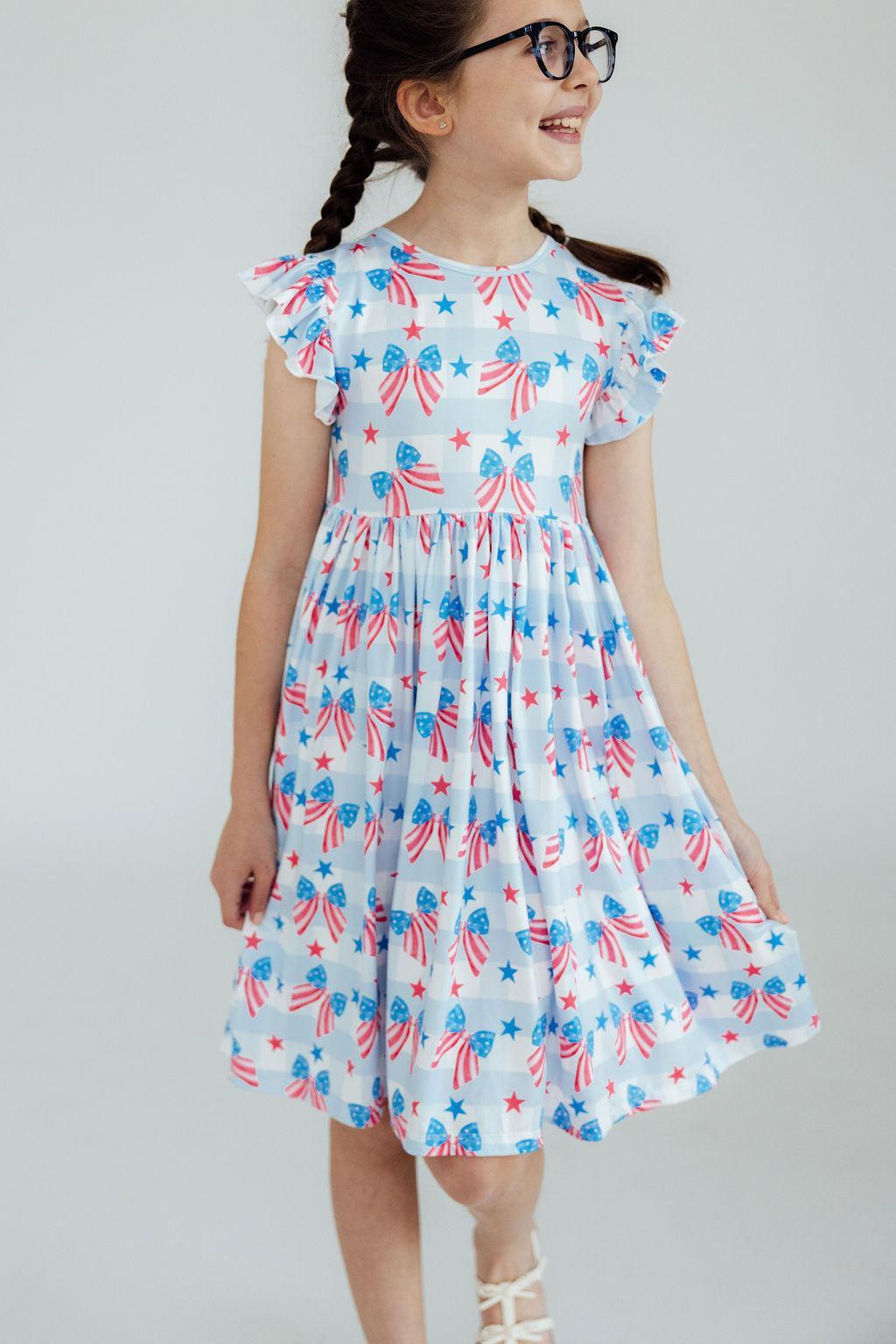 Mila & Rose ® Red, White & Bows Flutter Sleeve Twirl Dress — detail close-up