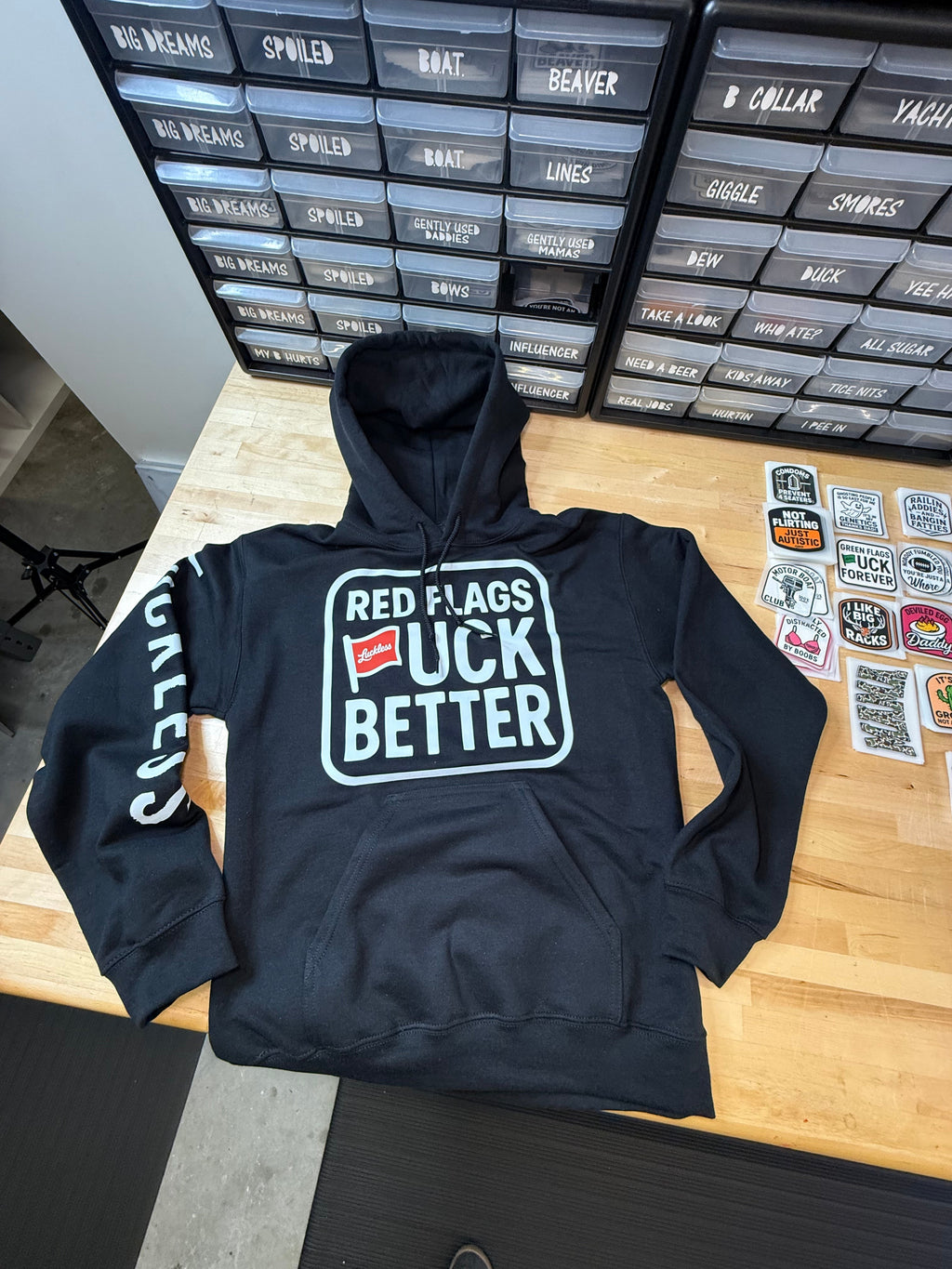 Luckless Outfitters Red Flags Fuck Better Hoodie — back view