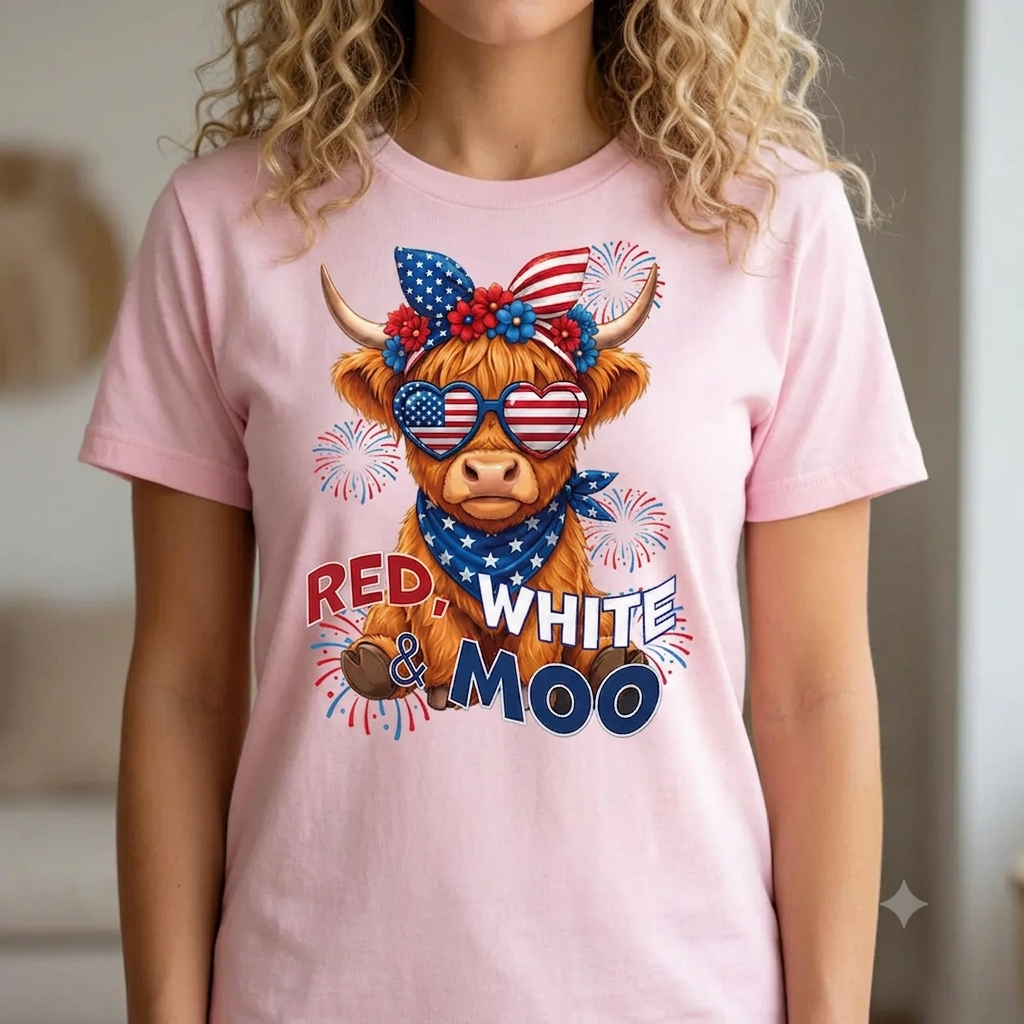 "Red White & Moo" Highland Cow T-Shirt – Funny 4th of July Patriotic Farmhouse Unisex Graphic Tee