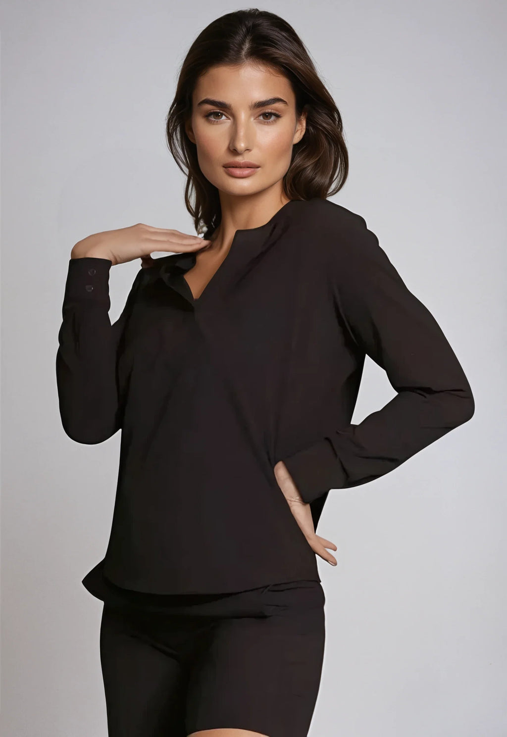 Buki Resort Vee Long Sleeve Popover Shirt - Black — main product shot