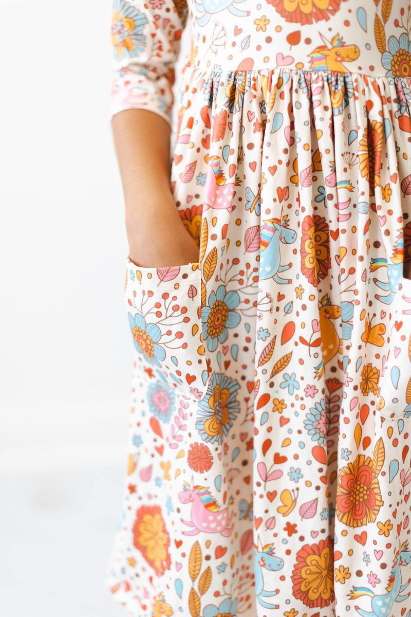 Mila & Rose ® Retro Unicorns 3/4 Sleeve Pocket Twirl Dress — main product shot
