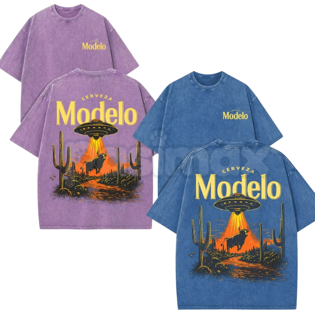 Retro Cerveza Modelo UFO Abduction T-Shirt – Vintage Washed Desert Cactus Graphic Tee, Alien Bull Heist Beer Streetwear