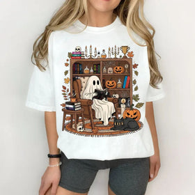 Retro Cozy Ghost Reading Halloween T-Shirt