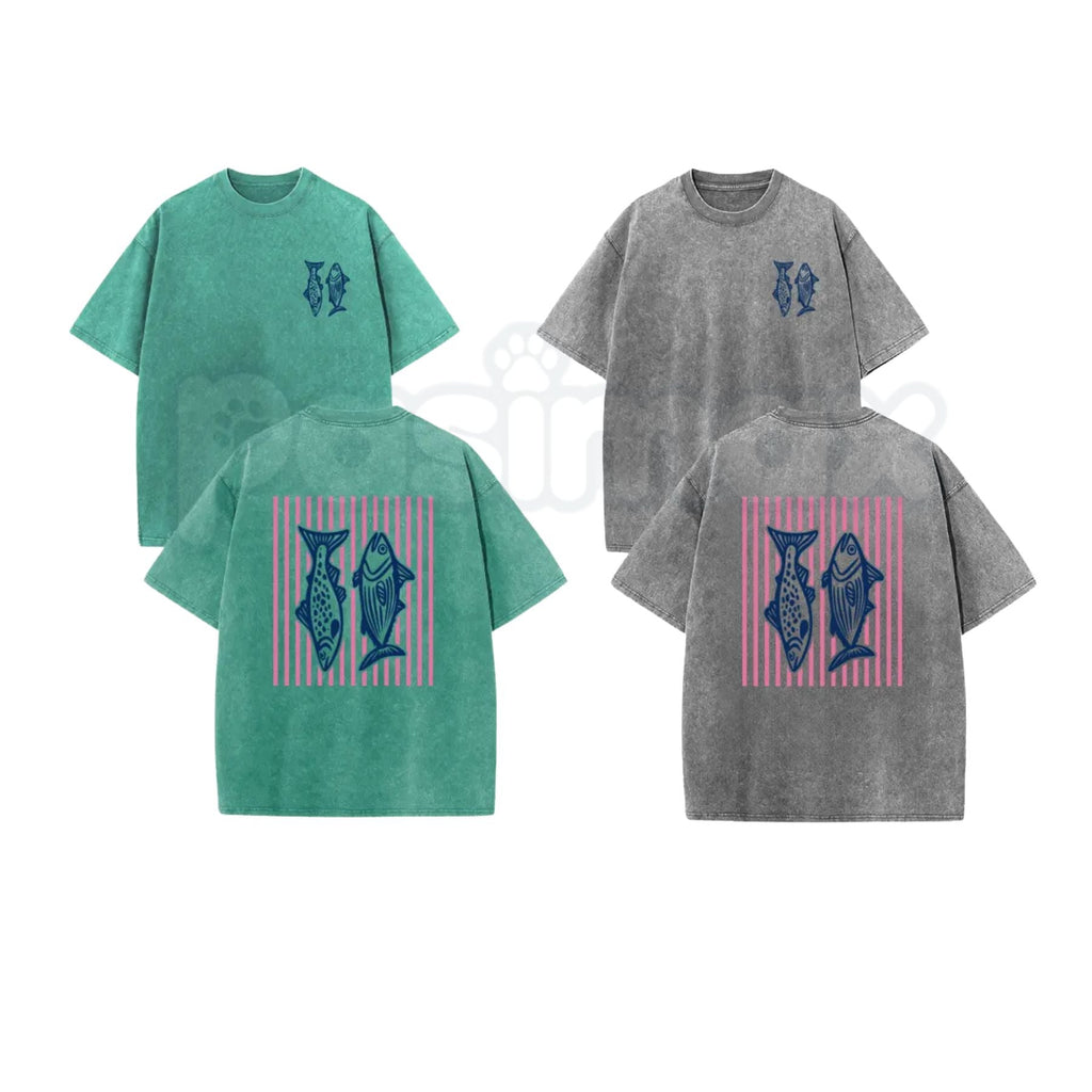 Retro Pink Striped Fish T-Shirt – Acid Wash Dual-Side Graphic Tee, Vintage Nautical Aesthetic Lightweight Cotton Coastal Unisex Top