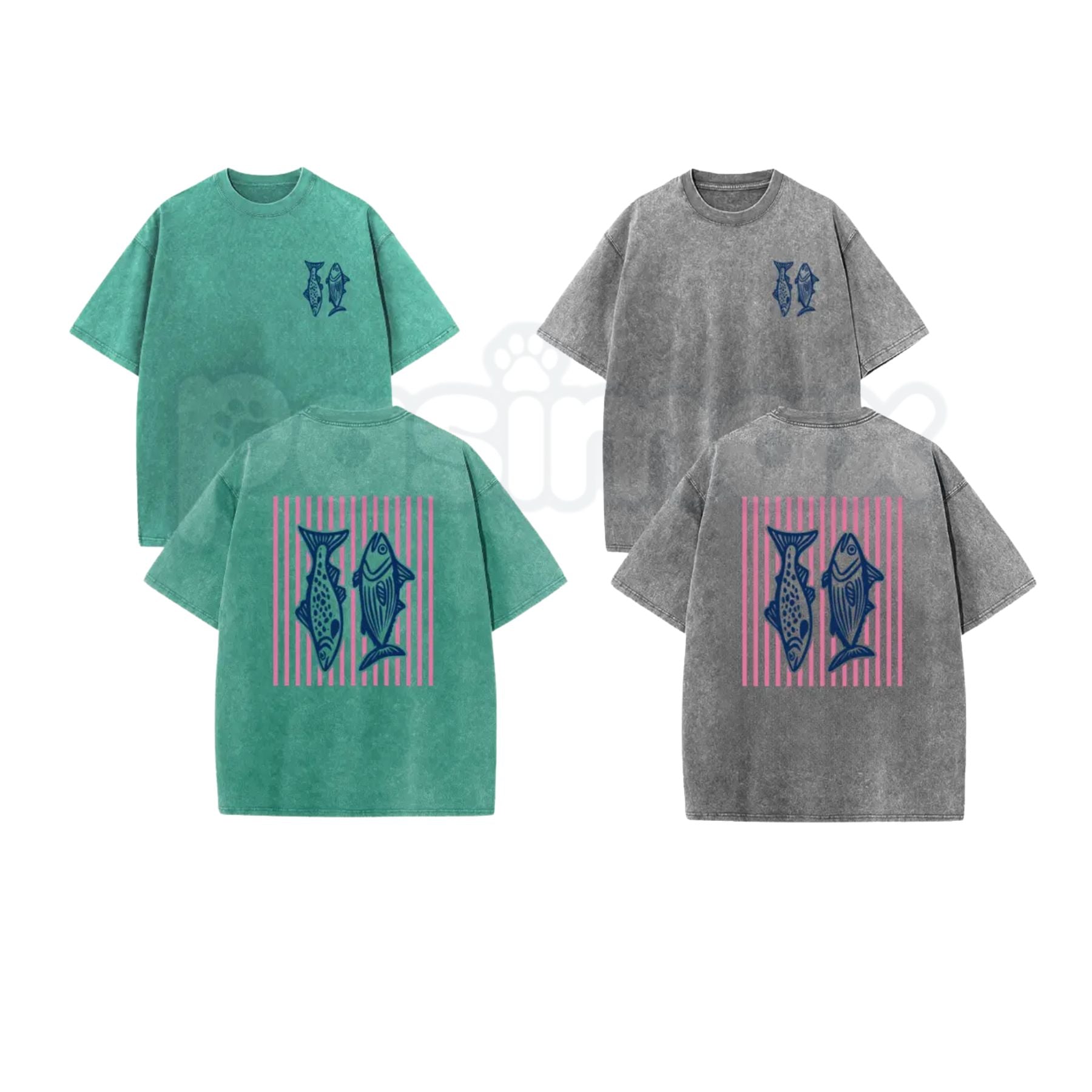 Retro Pink Striped Fish T-Shirt – Acid Wash Dual-Side Graphic Tee, Vintage Nautical Aesthetic Lightweight Cotton Coastal Unisex Top